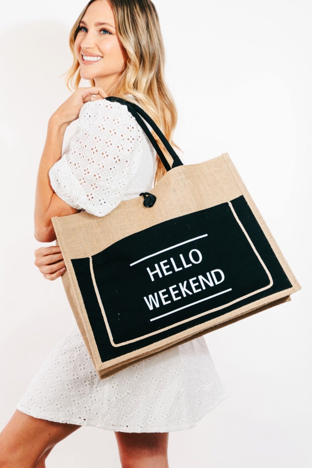 Fame Hello Weekend Burlap Tote Bag - Fashion Girl Online Store