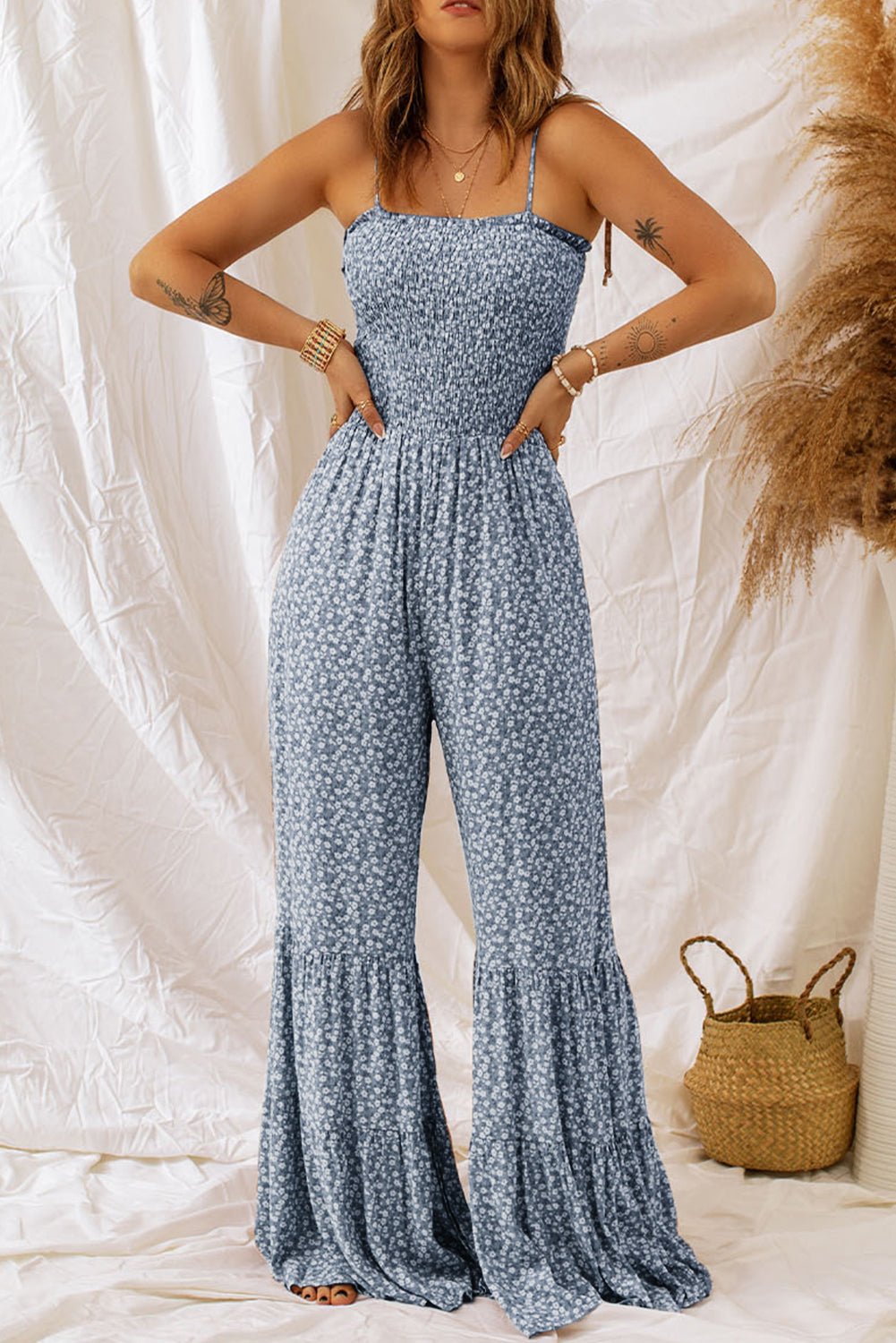 Smocked Printed Wide Strap Jumpsuit - Fashion Girl Online Store