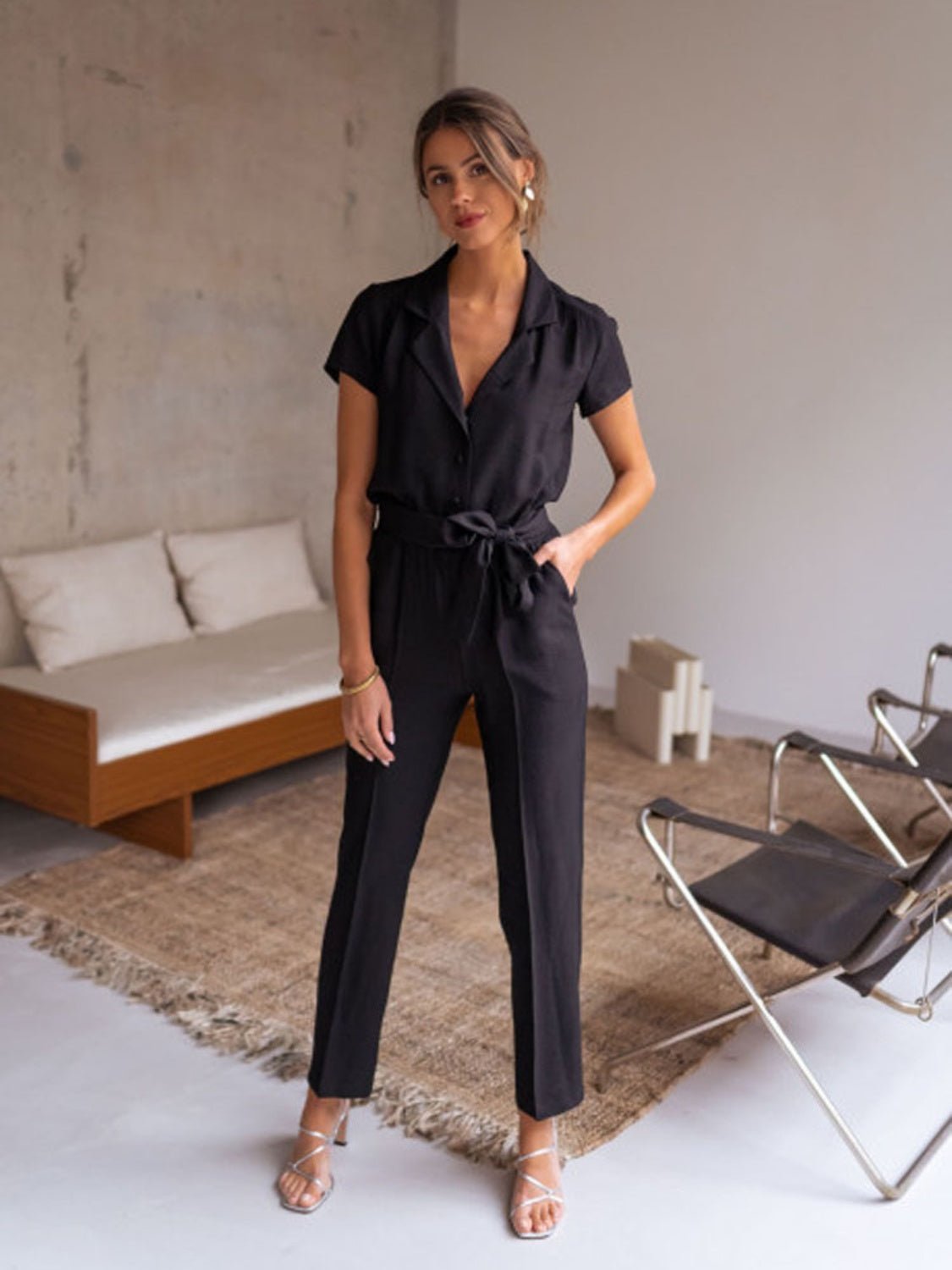 Tied Collared Neck Short Sleeve Jumpsuit - Fashion Girl Online Store