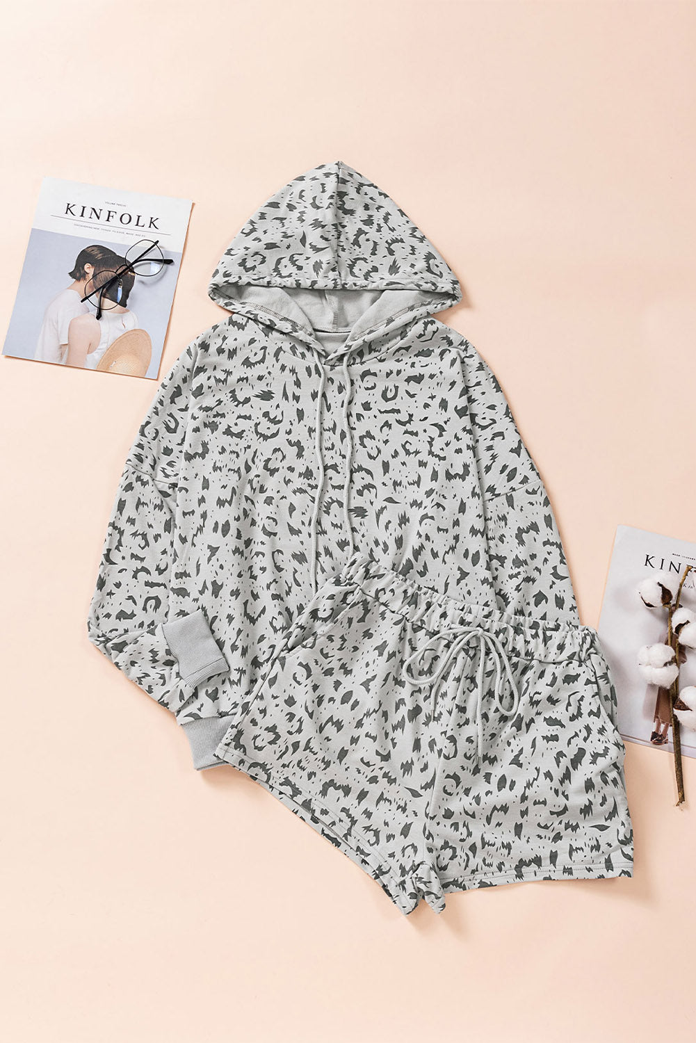 Animal Print Drawstring Detail Hoodie and Shorts Lounge Set - Fashion Girl Online Store