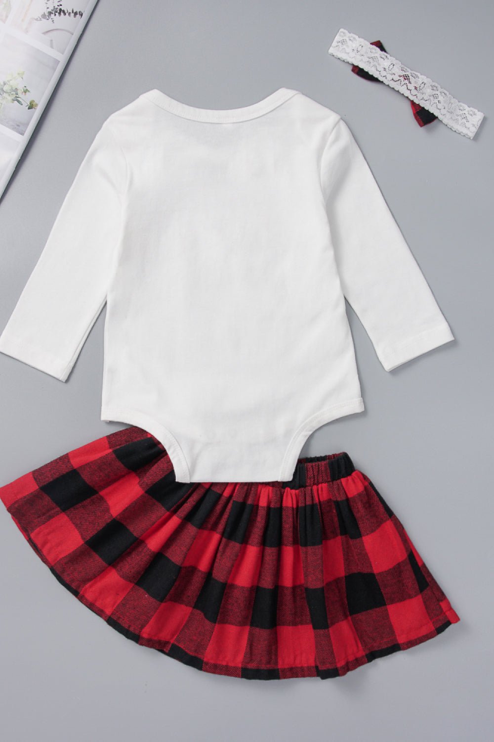 Baby Girls' Christmas Bodysuit and Plaid Skirt Set with Bow - Fashion Girl Online Store