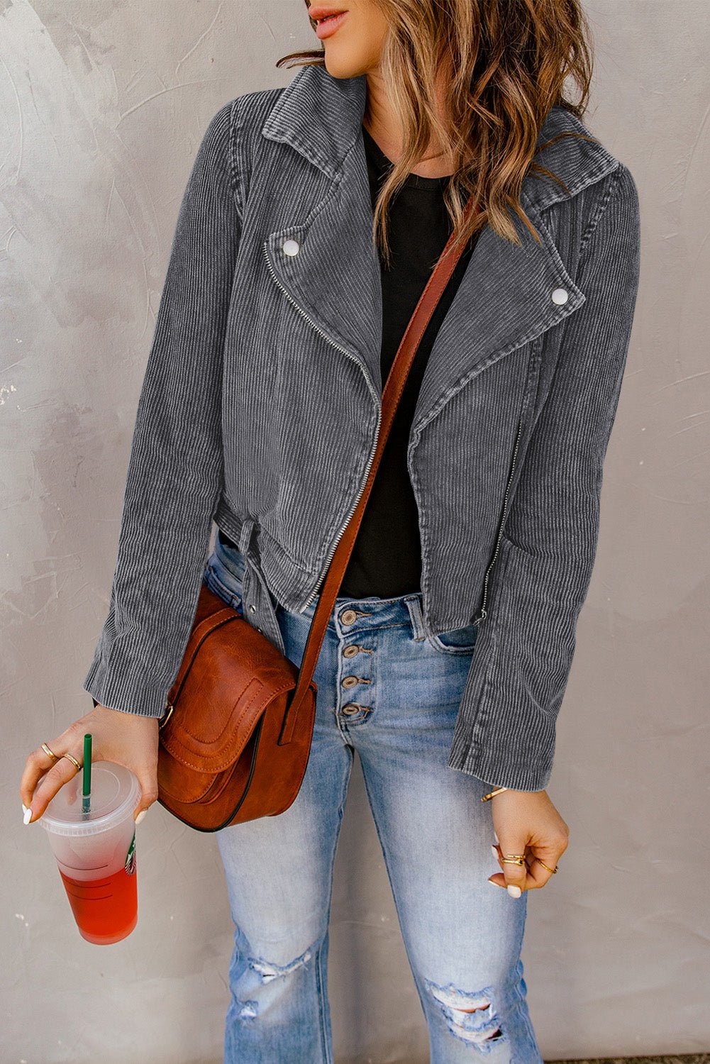 Belted Zip-Up Corduroy Jacket - Fashion Girl Online Store