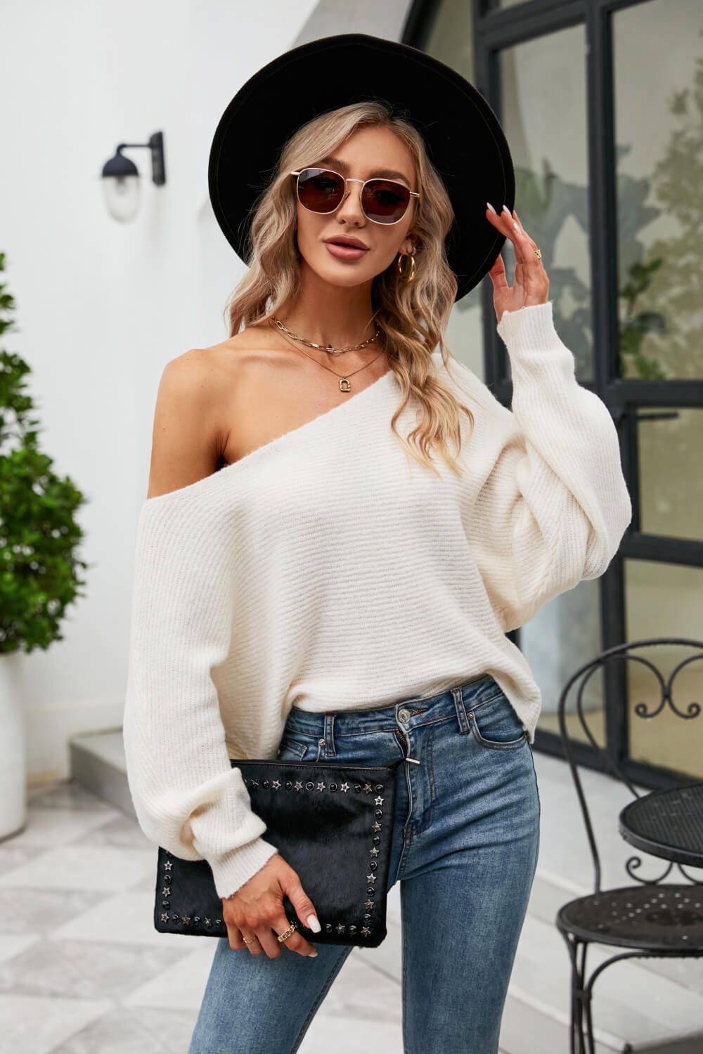 Boat Neck Horizontal Ribbing Dolman Sleeve Sweater - Fashion Girl Online Store