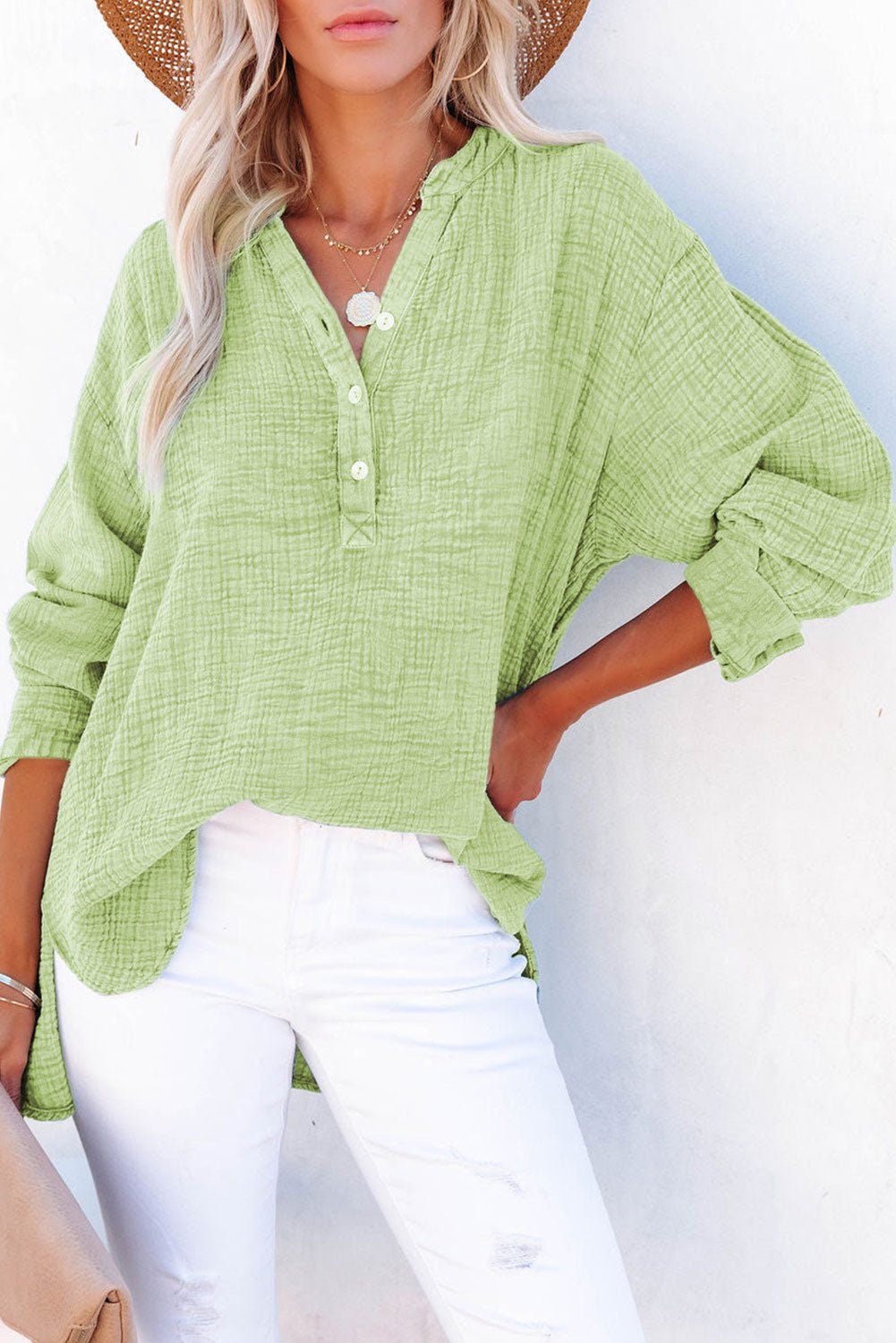Buttoned Long Sleeve Blouse - Fashion Girl Online Store