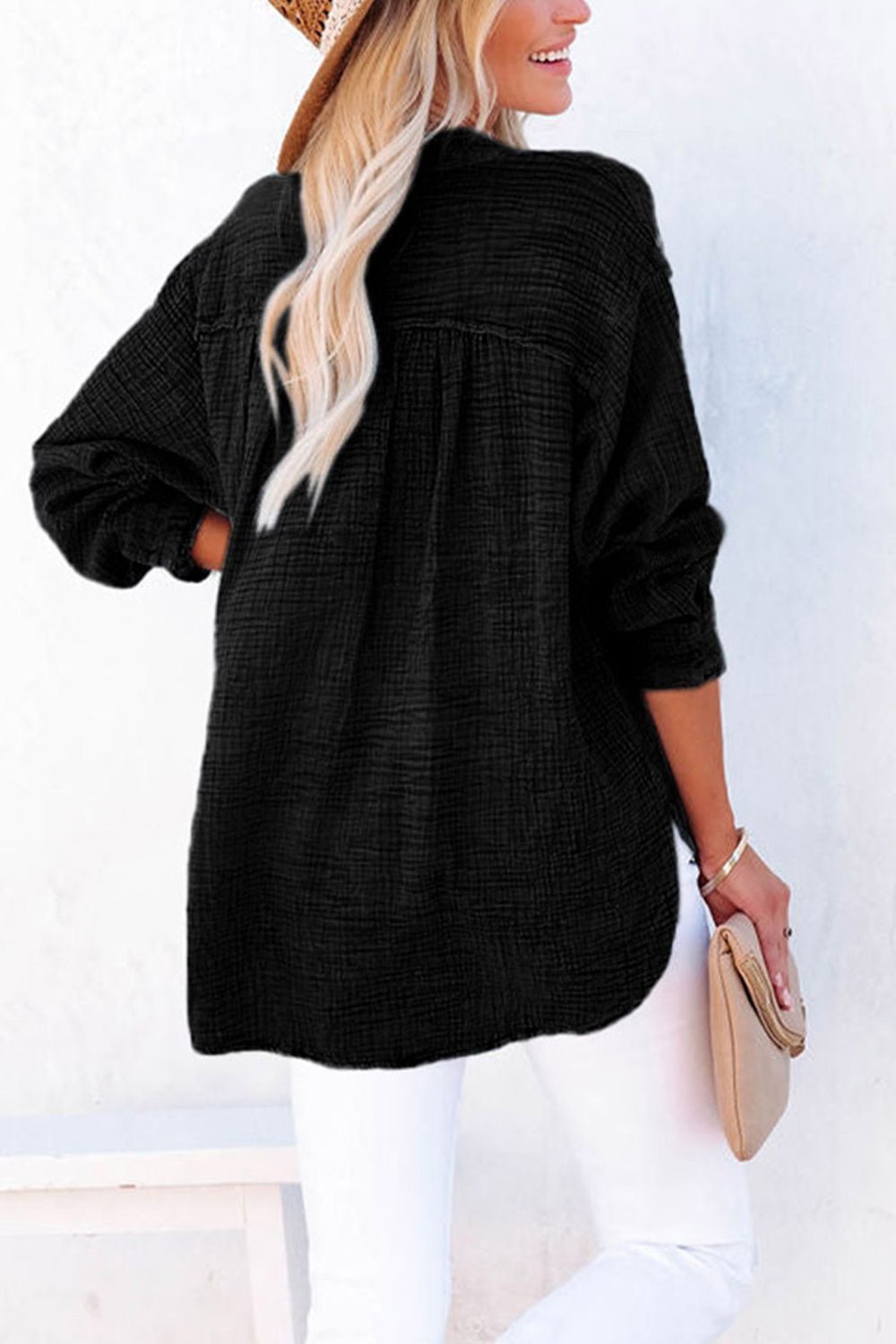 Buttoned Long Sleeve Blouse - Fashion Girl Online Store