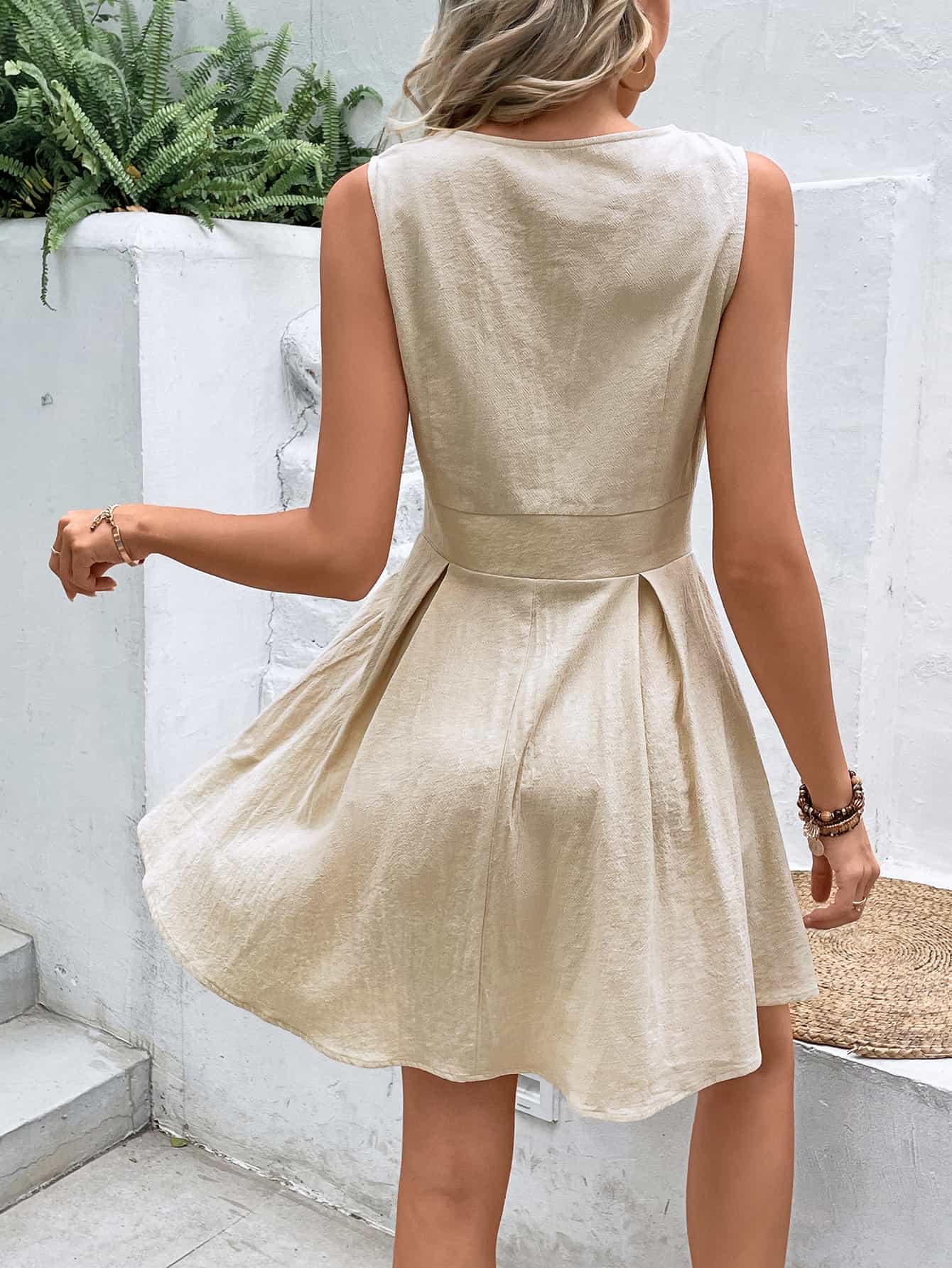 Buttoned V-Neck Sleeveless Mini Dress - Fashion Girl Online Store