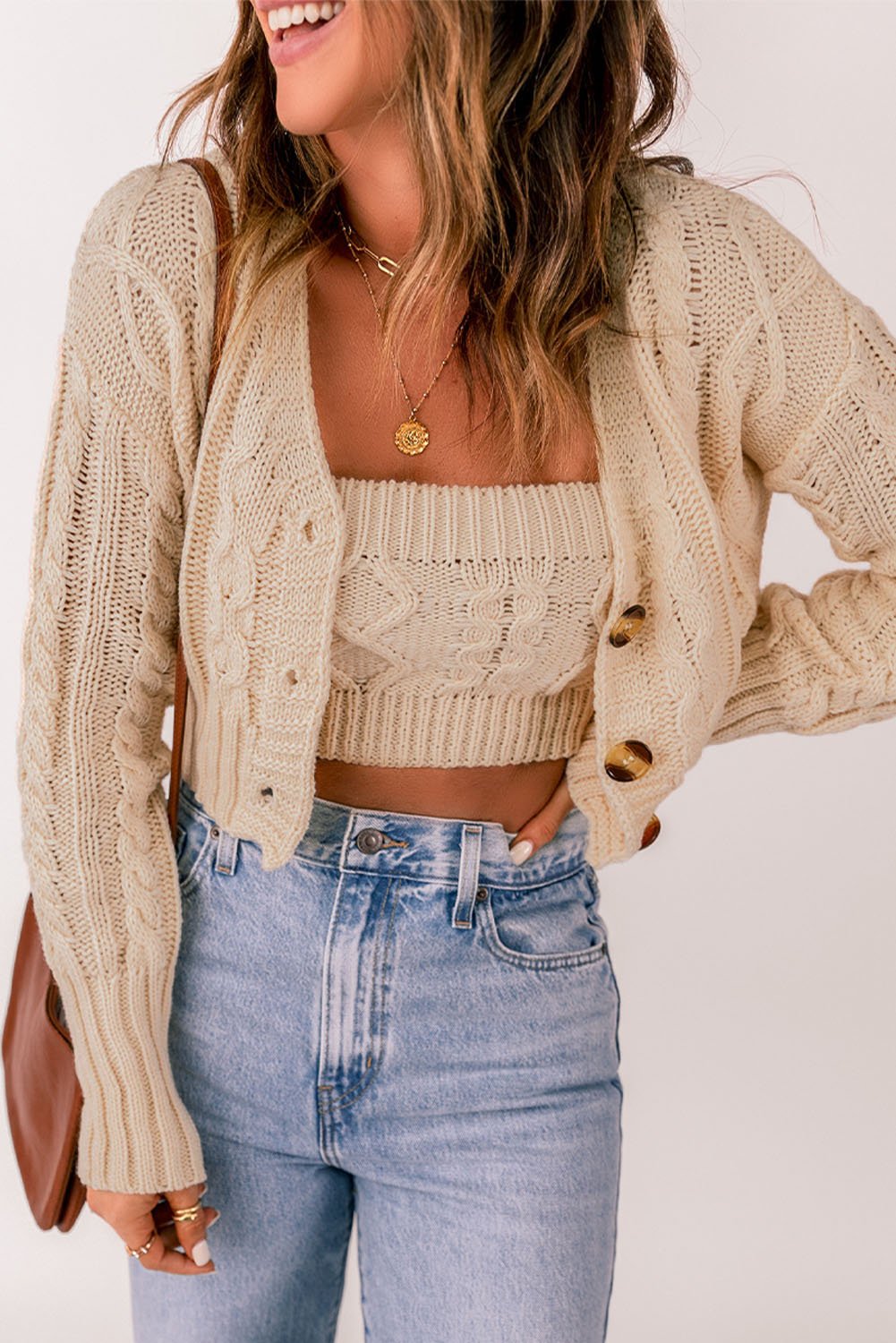 Cable-Knit Cropped Cardigan and Cami Set - Fashion Girl Online Store