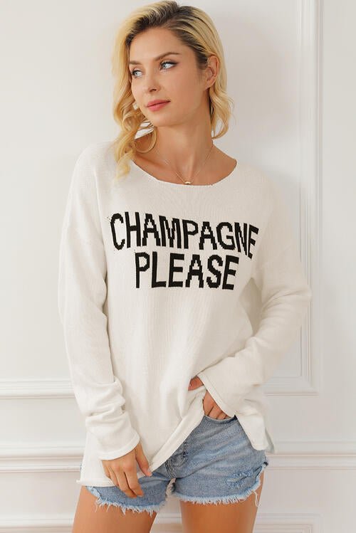 CHAMPAGNE PLEASE Long Sleeve Slit Sweater - Fashion Girl Online Store