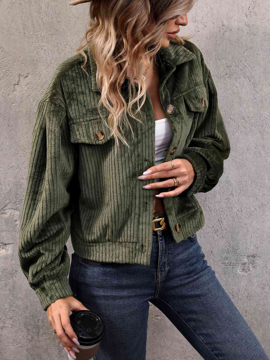 Collared Neck Button Front Jacket with Pockets - Fashion Girl Online Store