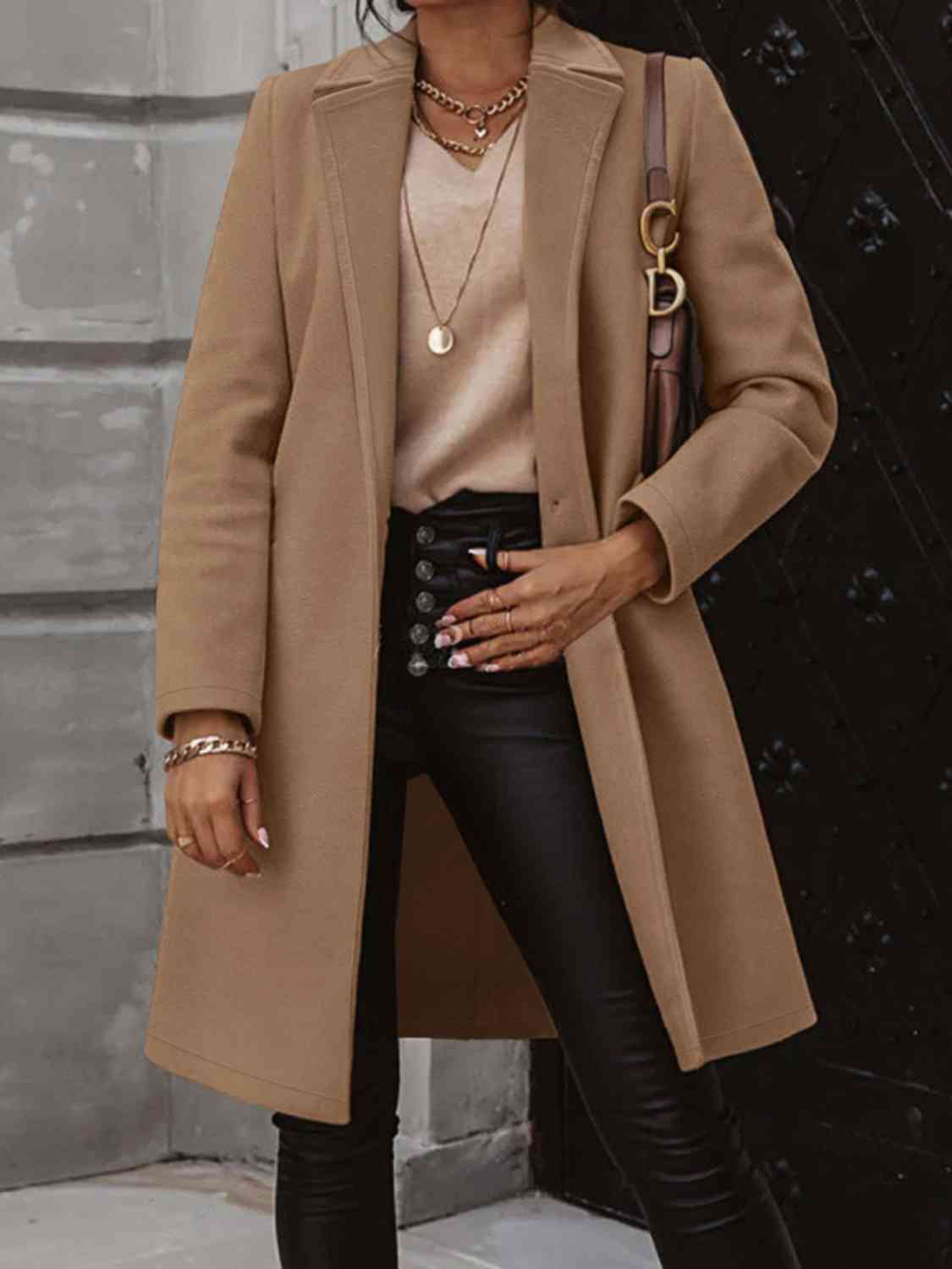 Collared Neck Button Up Long Sleeve Coat - Fashion Girl Online Store