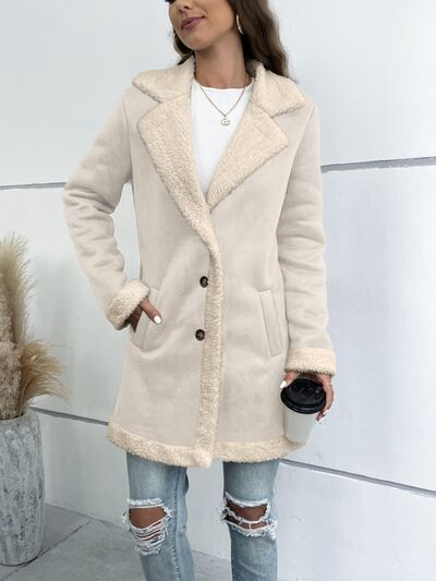 Contrast Button Up Lapel Collar Long Sleeve Coat - Fashion Girl Online Store