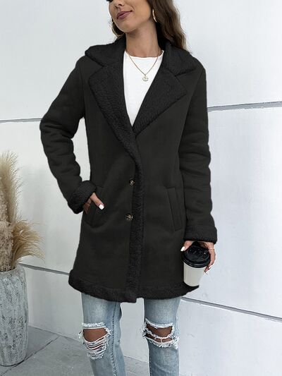 Contrast Button Up Lapel Collar Long Sleeve Coat - Fashion Girl Online Store