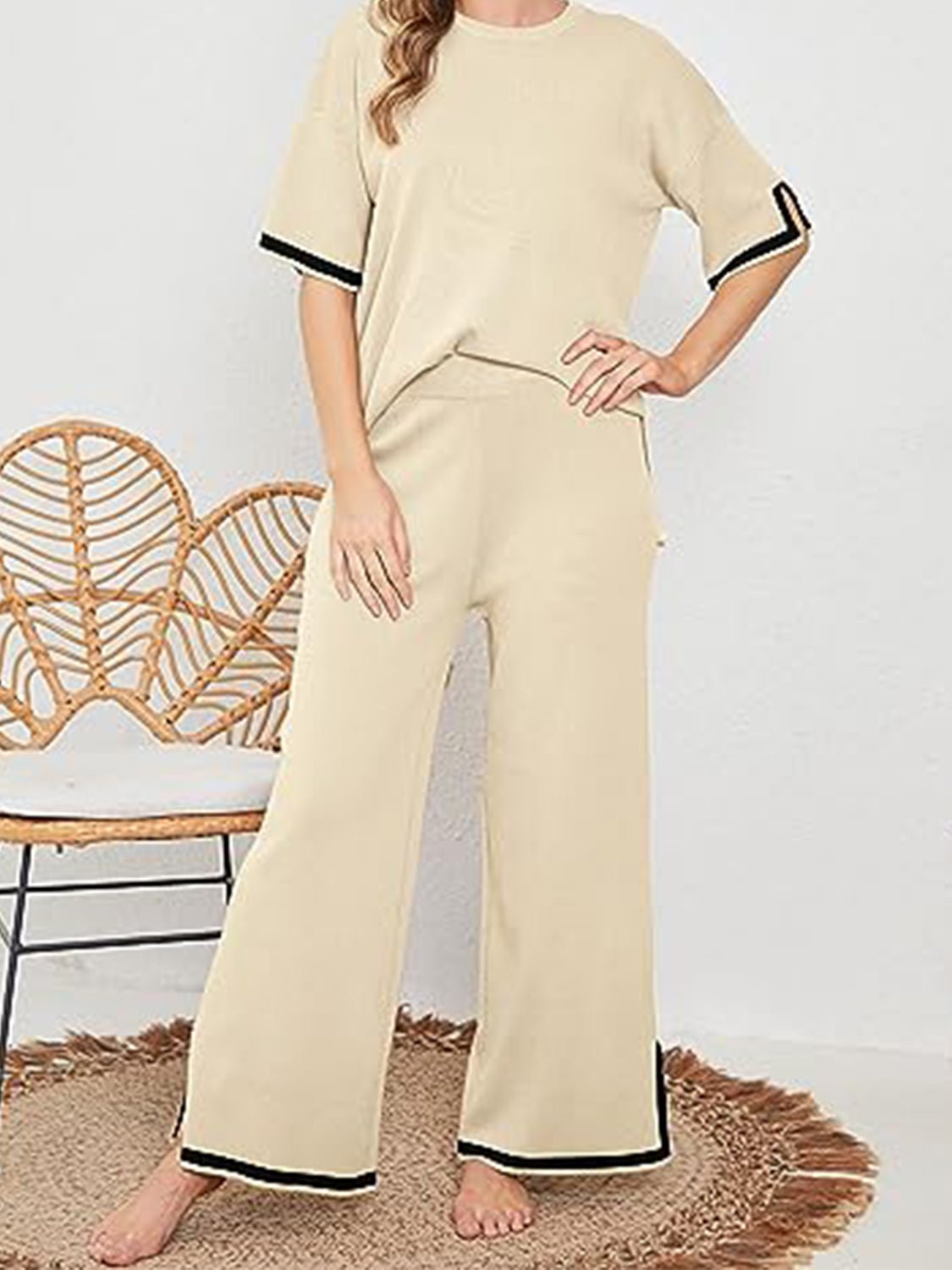Contrast High-Low Sweater and Knit Pants Set - Fashion Girl Online Store
