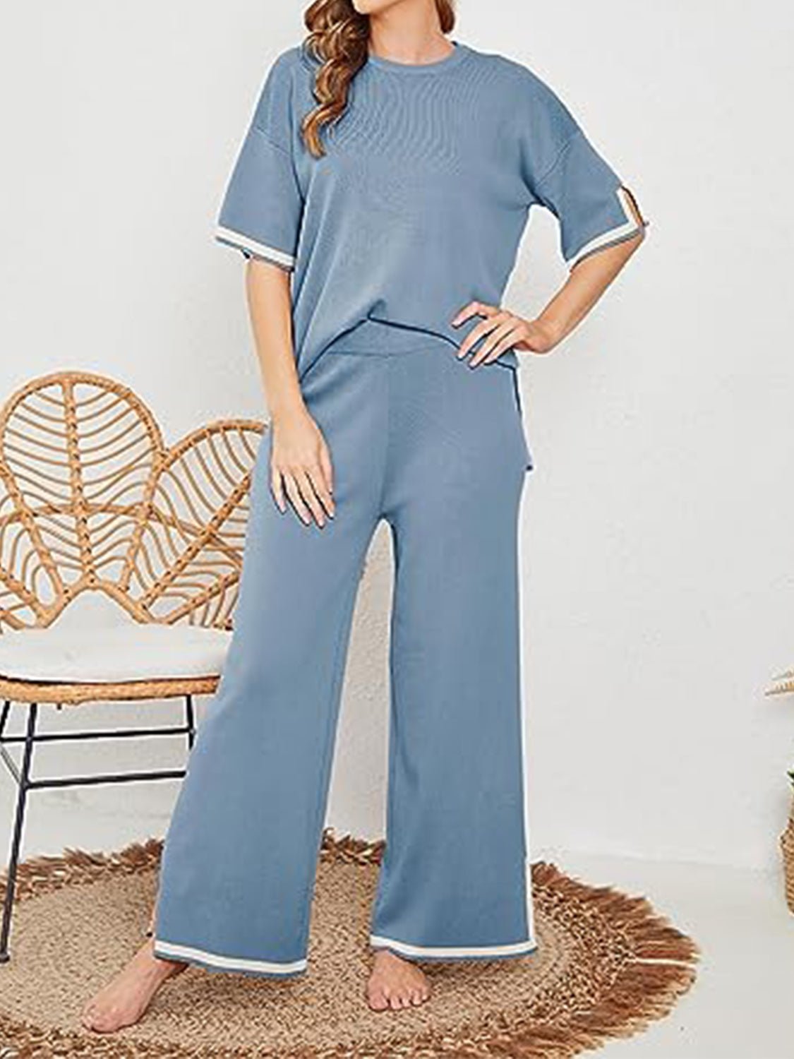 Contrast High-Low Sweater and Knit Pants Set - Fashion Girl Online Store
