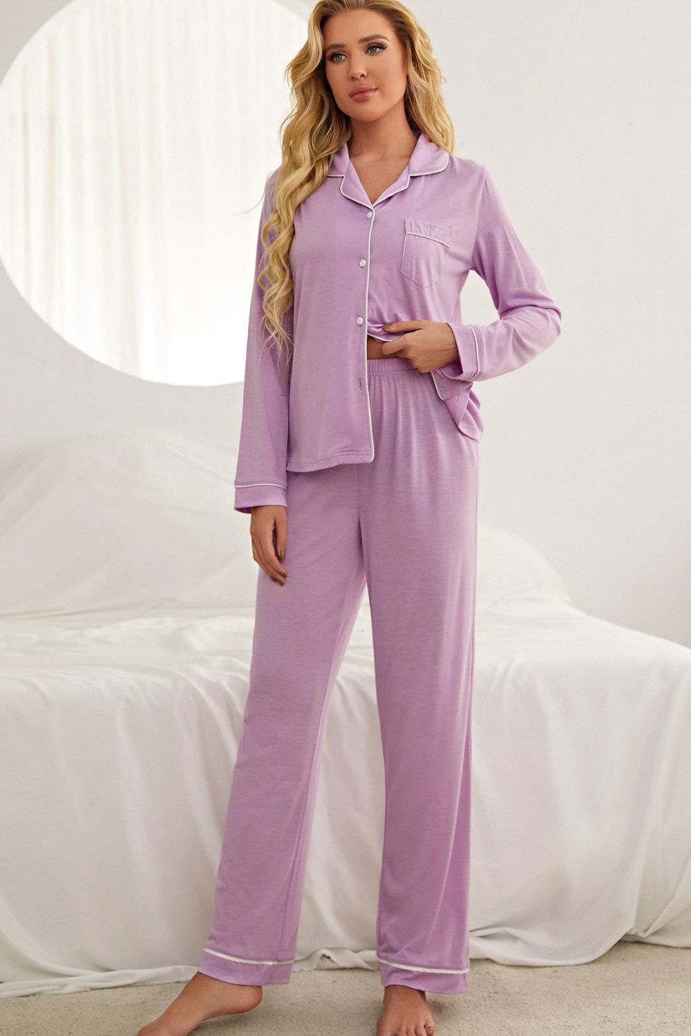 Contrast Piping Button Down Top and Pants Loungewear Set - Fashion Girl Online Store