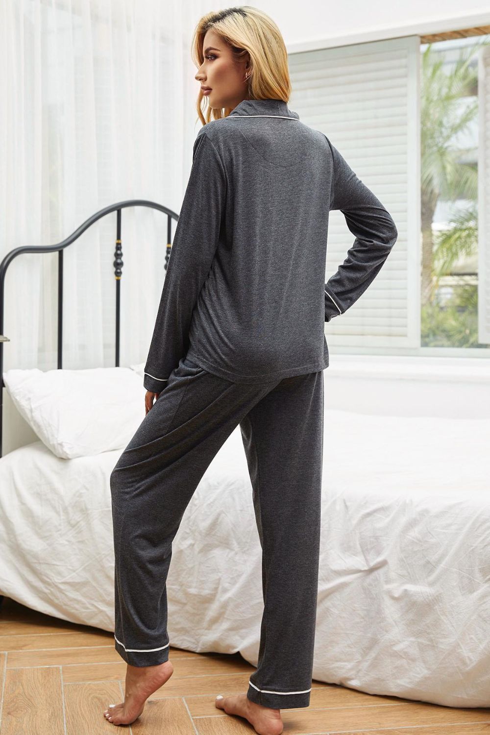 Contrast Piping Button Down Top and Pants Loungewear Set - Fashion Girl Online Store