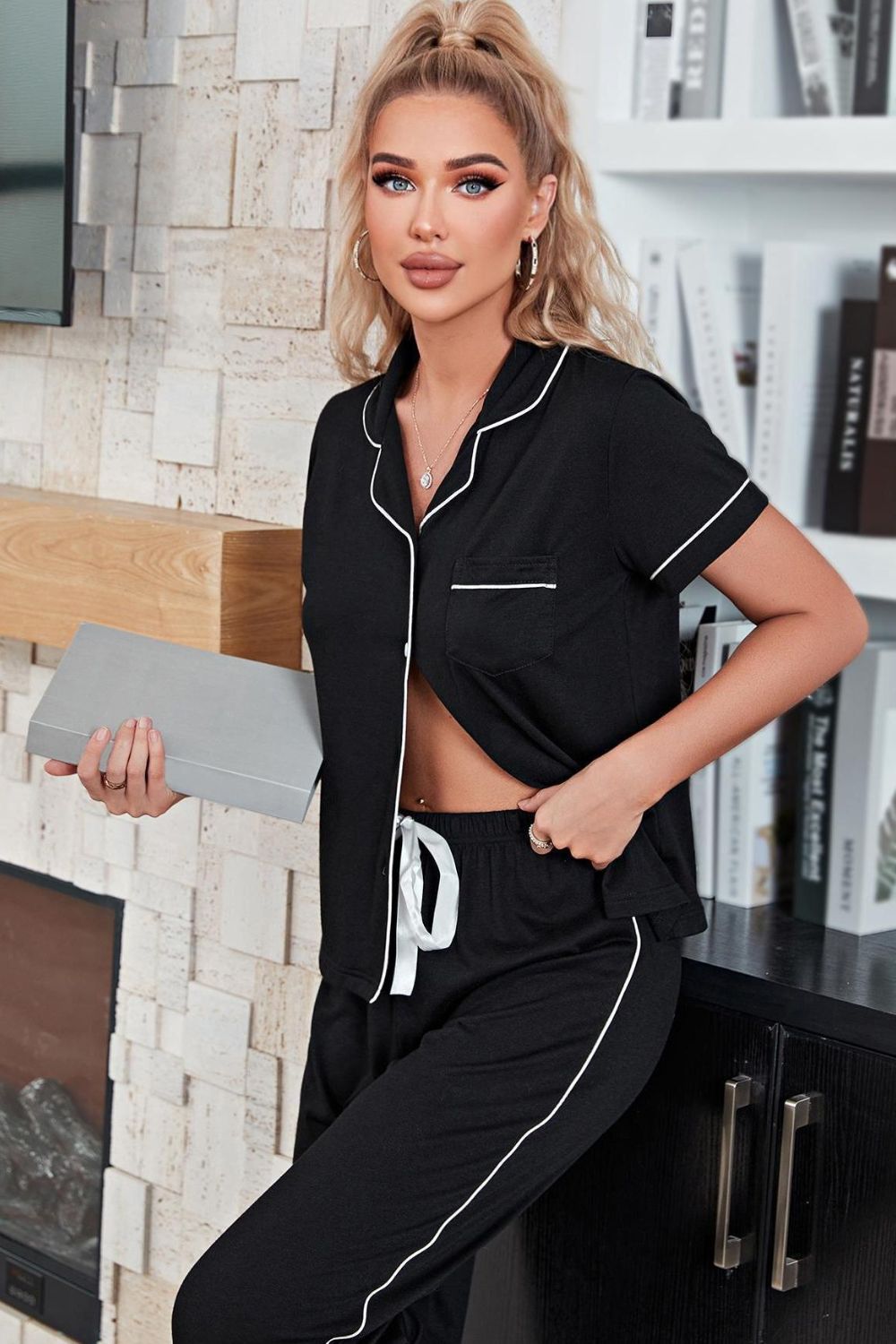 Contrast Piping Short Sleeve Top and Pants Pajama Set - Fashion Girl Online Store