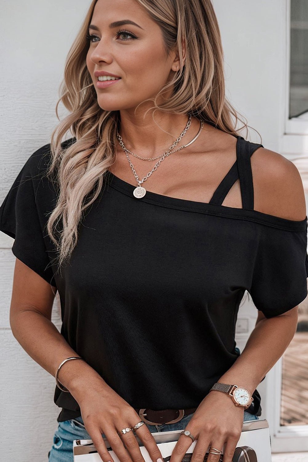 Crisscross Asymmetrical Neck Short Sleeve Top - Fashion Girl Online Store
