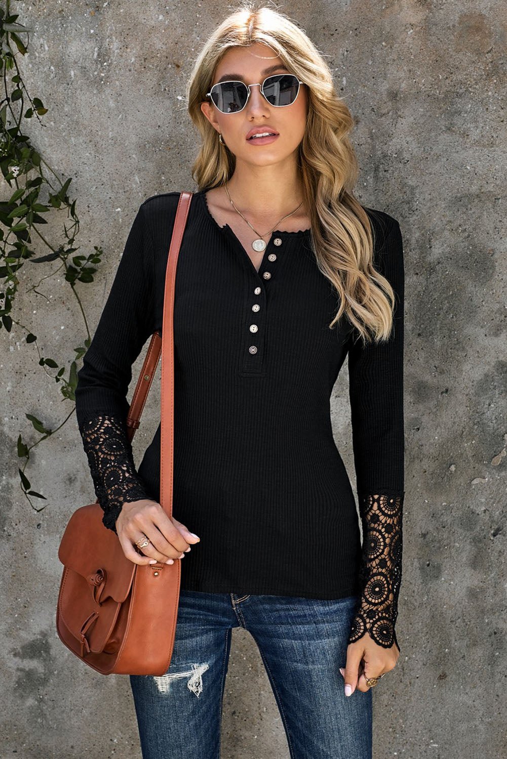 Crochet Lace Hem Sleeve Button Top - Fashion Girl Online Store