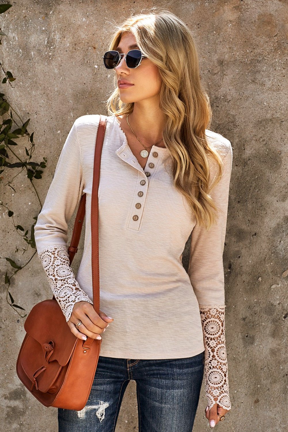 Crochet Lace Hem Sleeve Button Top - Fashion Girl Online Store