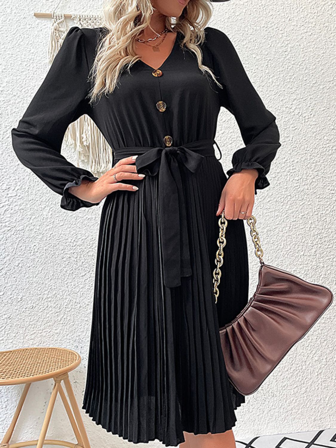 Decorative Button Belted Puff Sleeve Pleated Dress - Fashion Girl Online Store