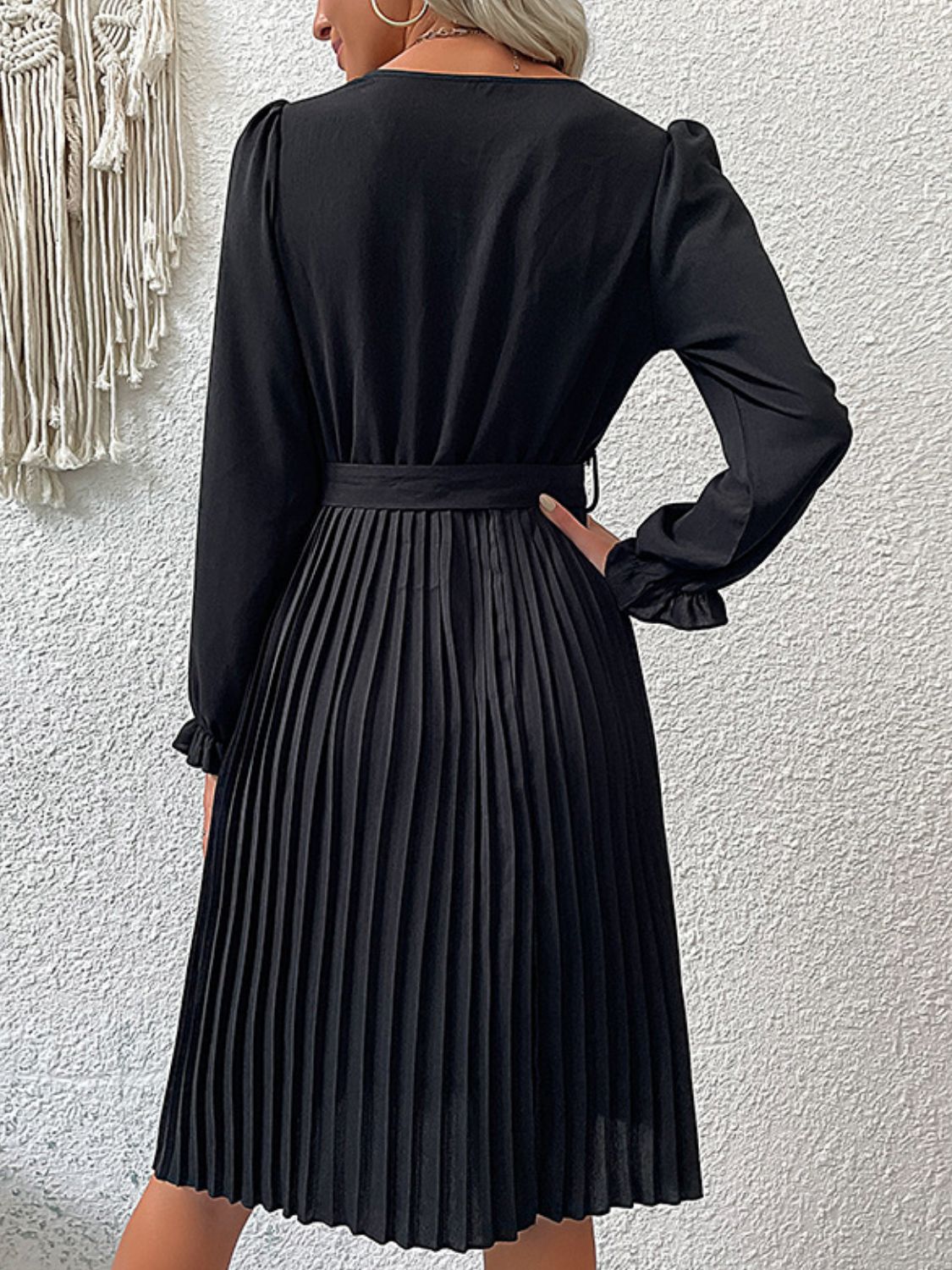 Decorative Button Belted Puff Sleeve Pleated Dress - Fashion Girl Online Store
