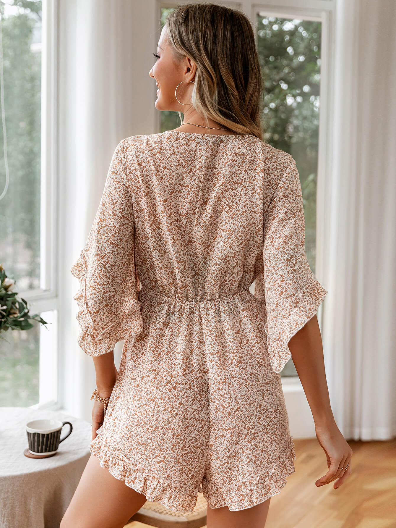 Ditsy Floral Bell Sleeve Tie-Front Romper - Fashion Girl Online Store