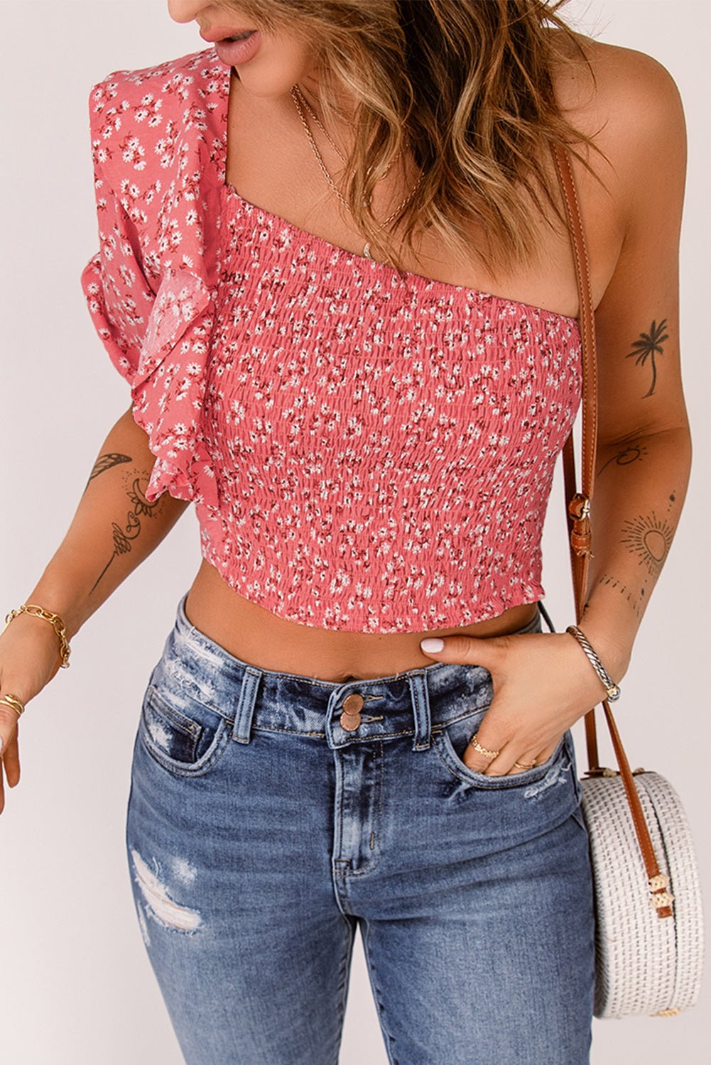 Ditsy Floral Ruffled One-Shoulder Smocked Top - Fashion Girl Online Store