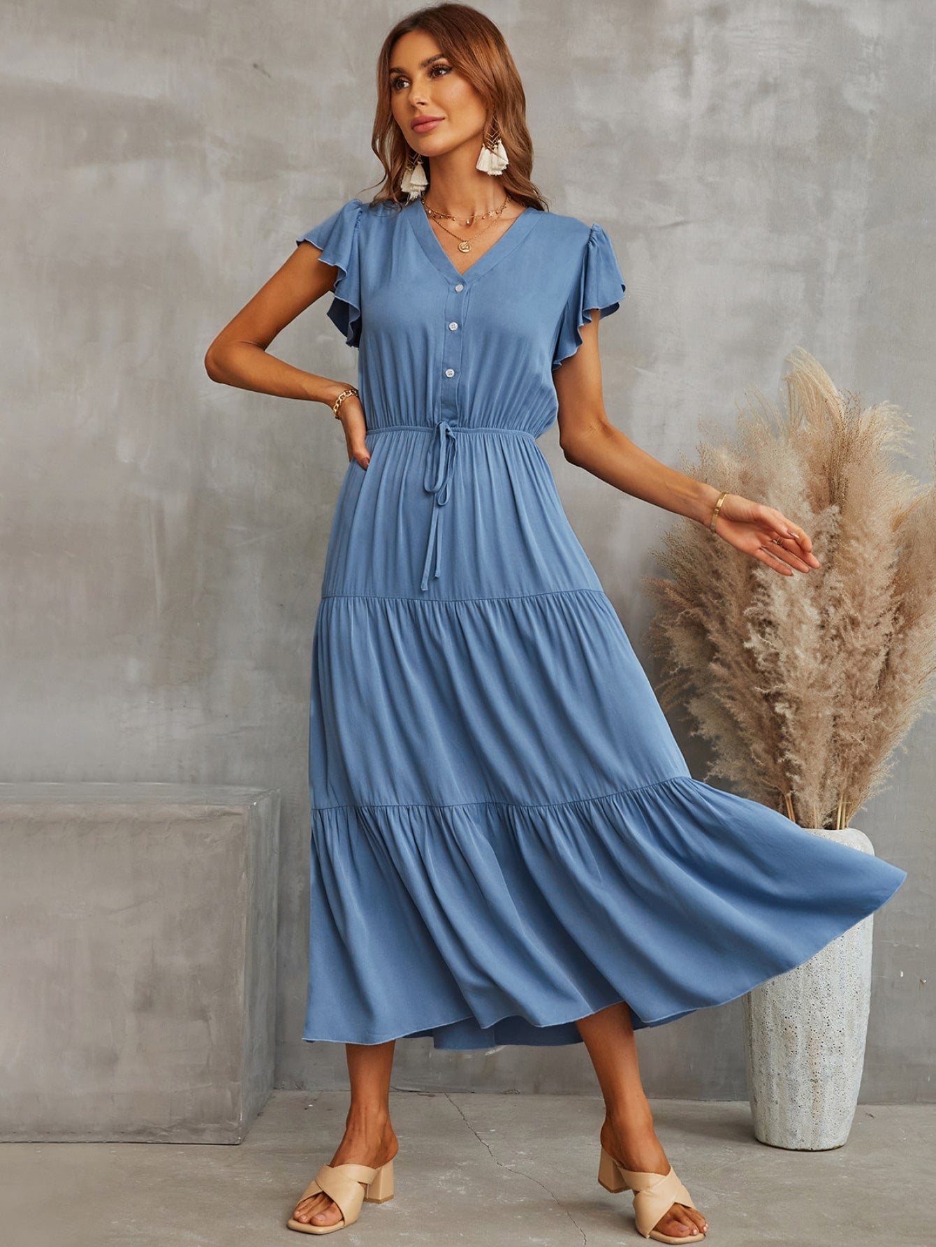Drawstring Flutter Sleeve Midi Dress - Blue - Fashion Girl Online Store