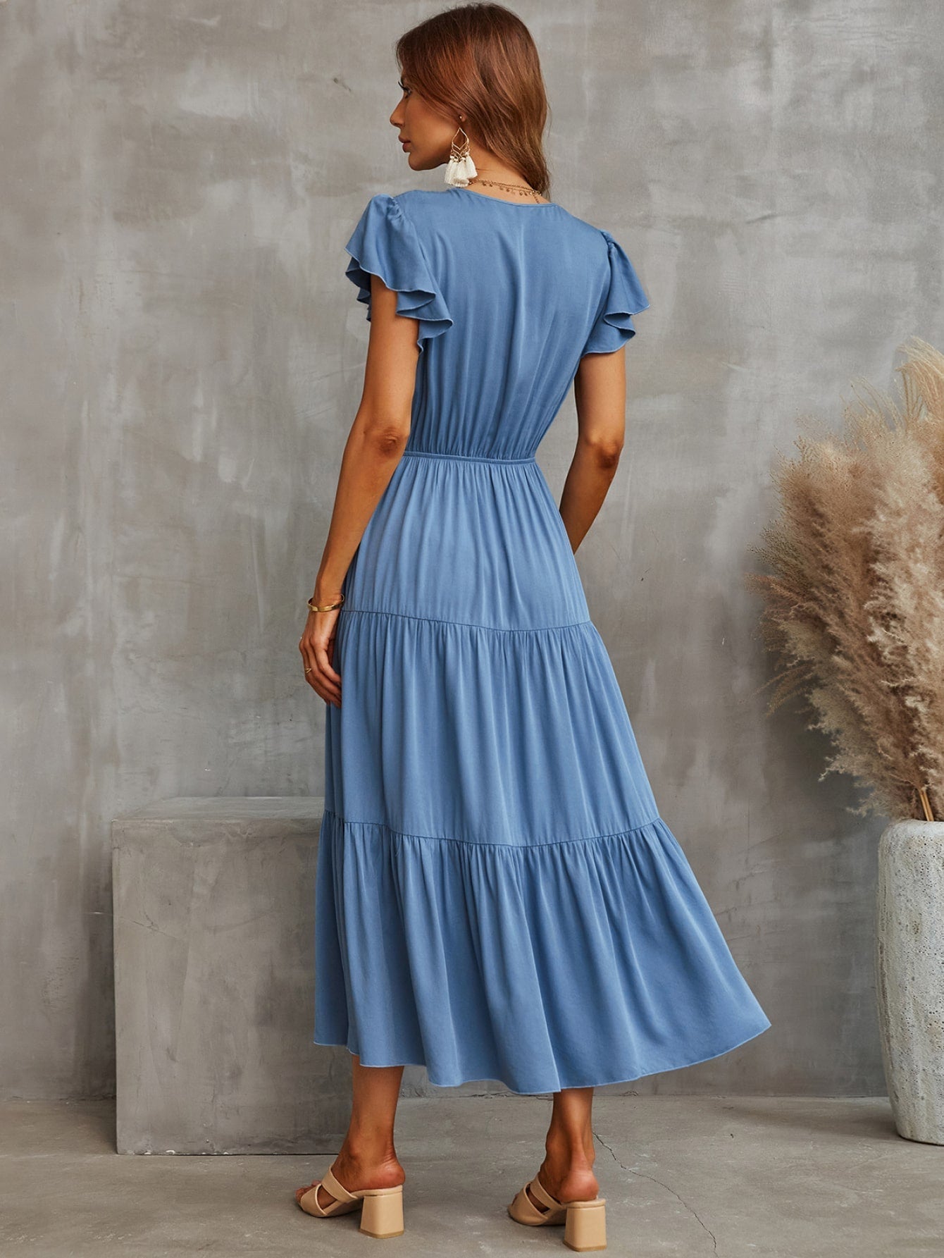 Drawstring Flutter Sleeve Midi Dress - Blue - Fashion Girl Online Store