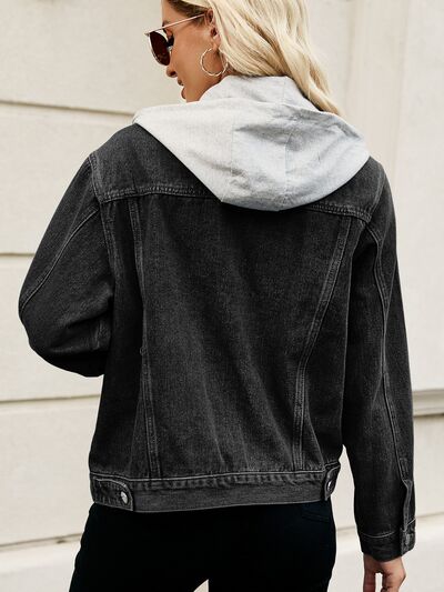 Drawstring Hooded Button Up Denim Jacket - Fashion Girl Online Store