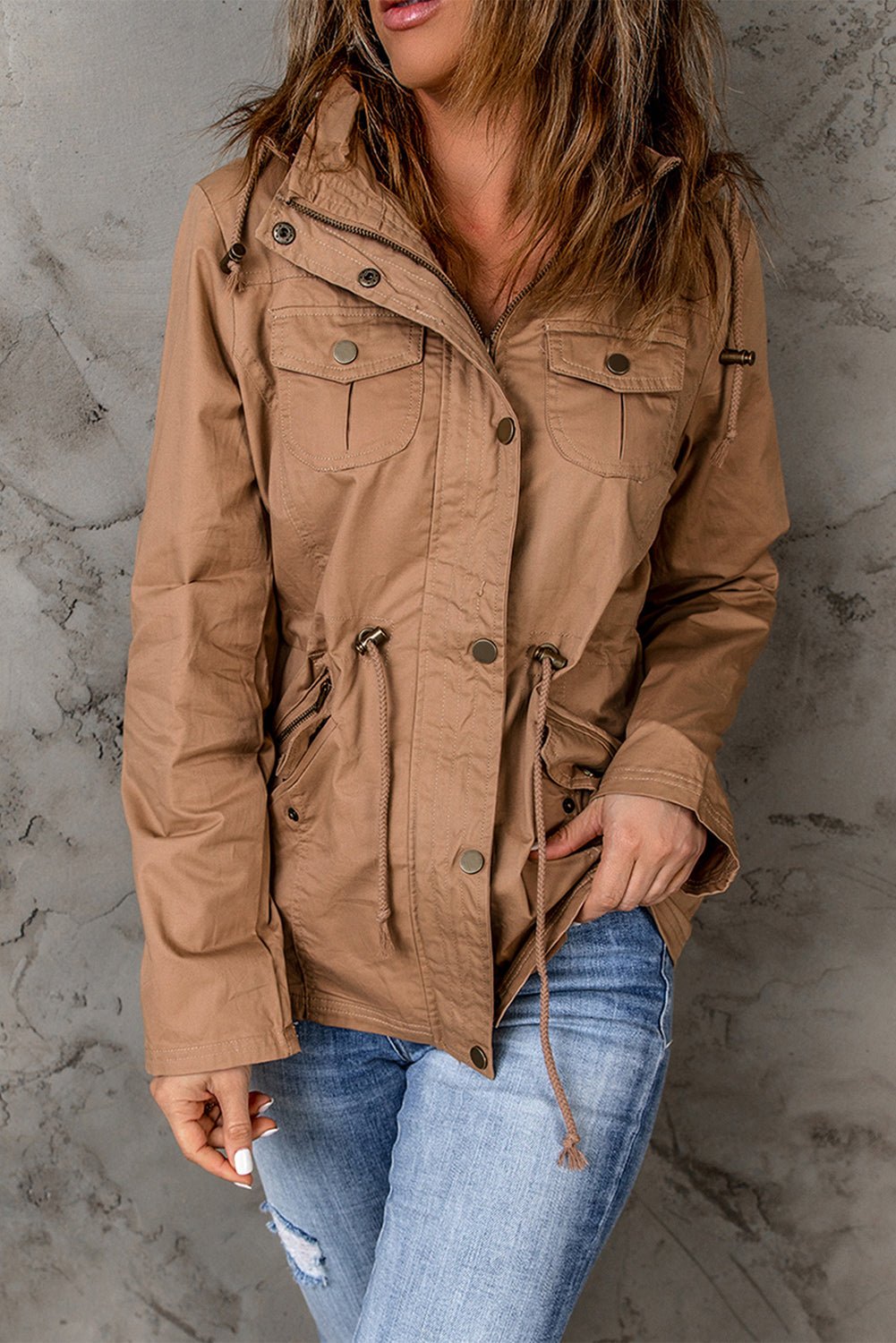 Drawstring Waist Hooded Jacket with Pockets - Fashion Girl Online Store