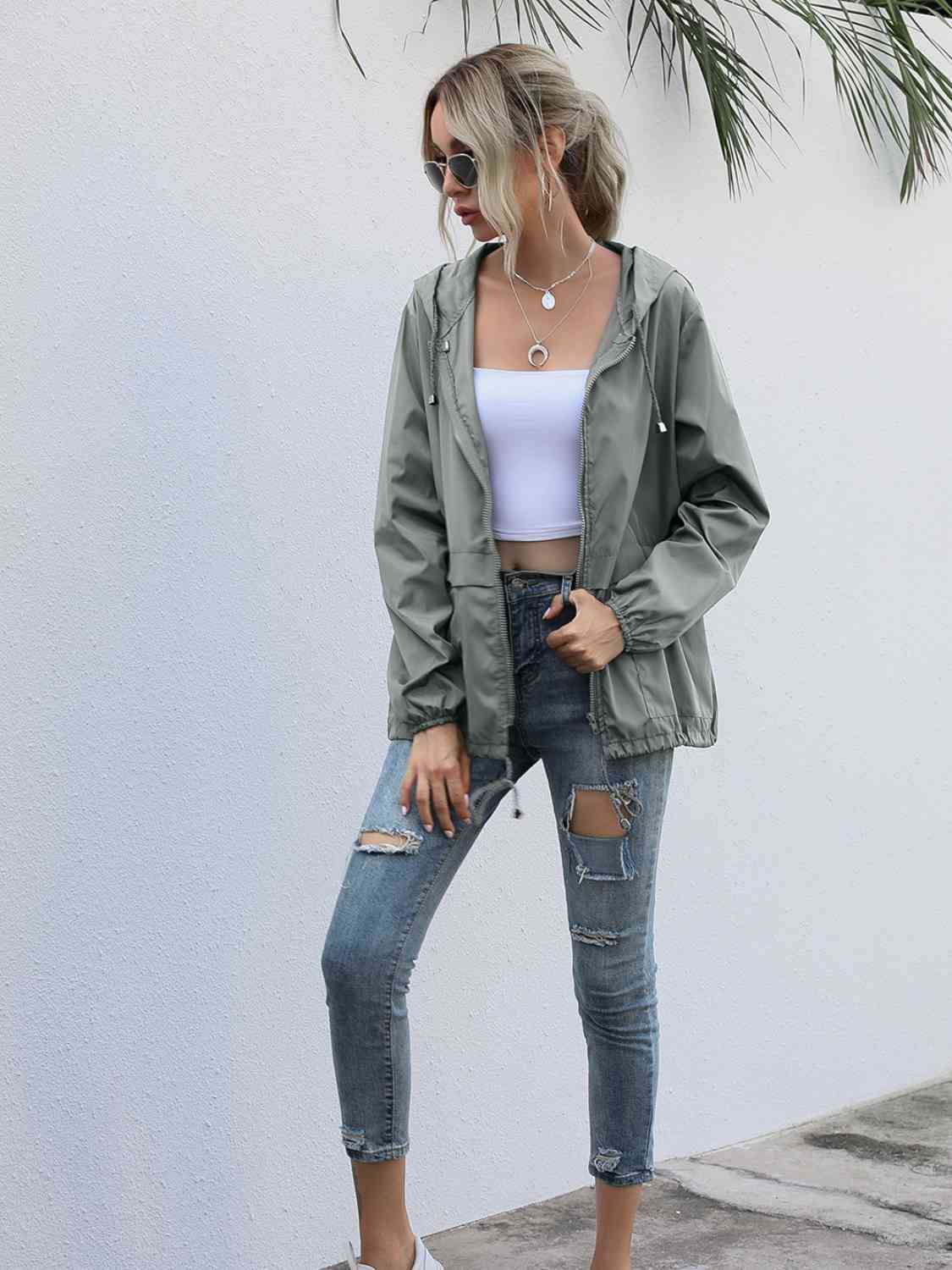 Drawstring Zip-Up Hooded Jacket - Fashion Girl Online Store