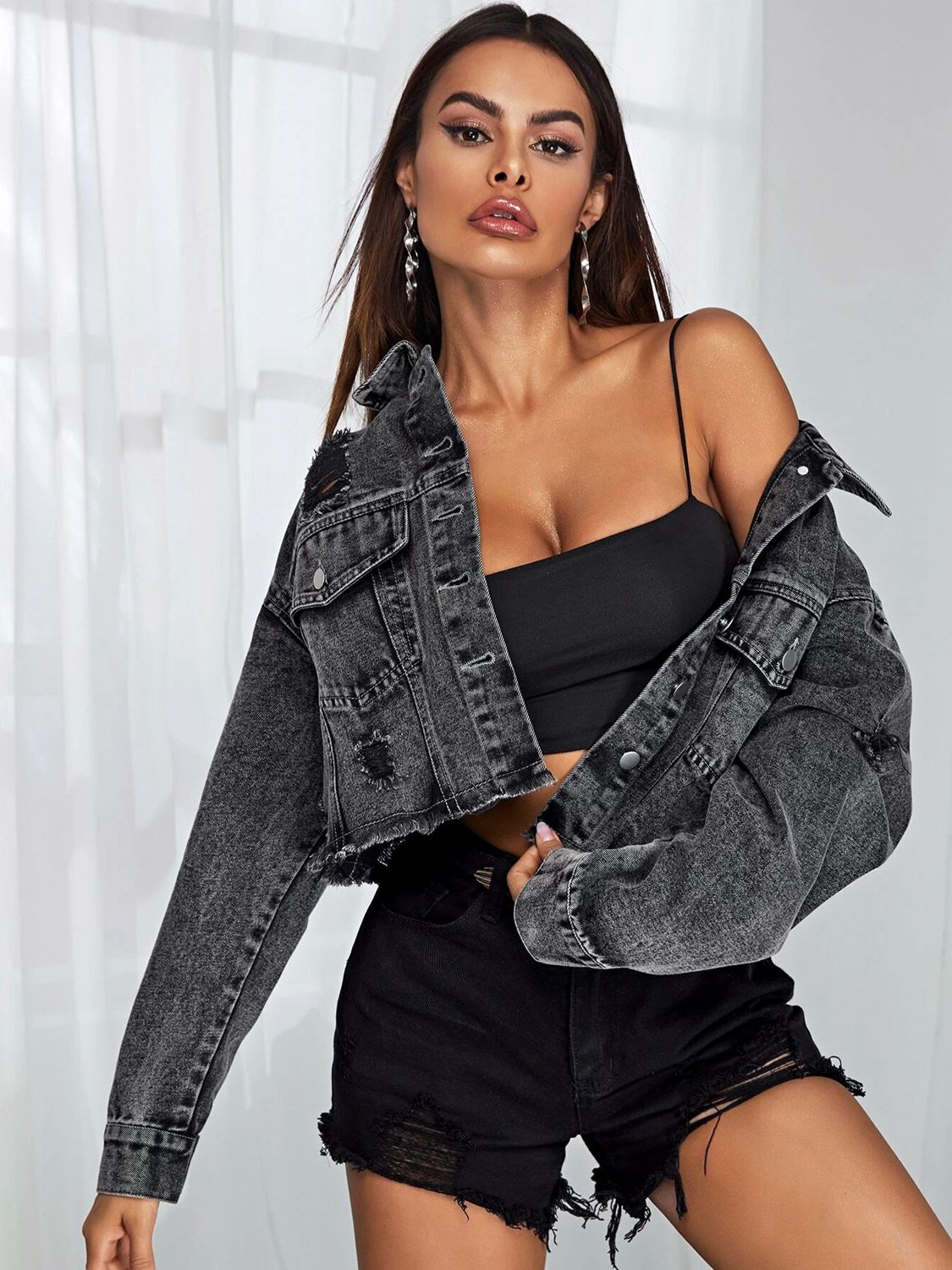 Dropped Shoulder Collared Neck Denim Jacket - Fashion Girl Online Store