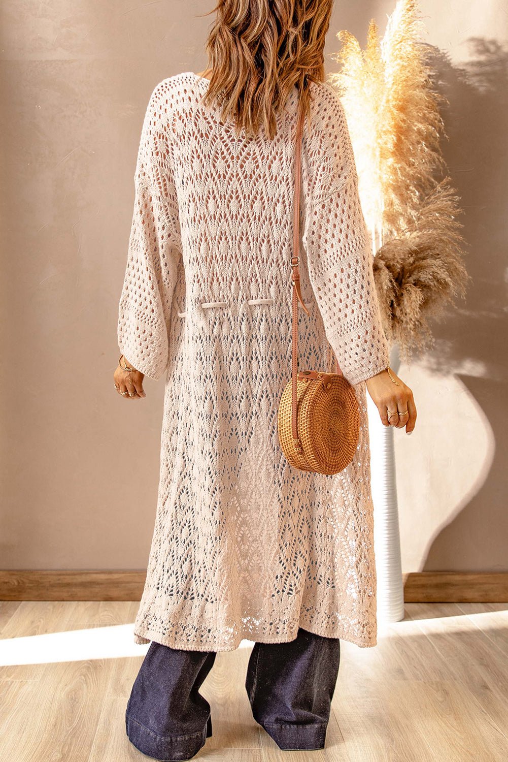 Dropped Shoulder Long Sleeve Crochet Duster Cardigan - Fashion Girl Online Store