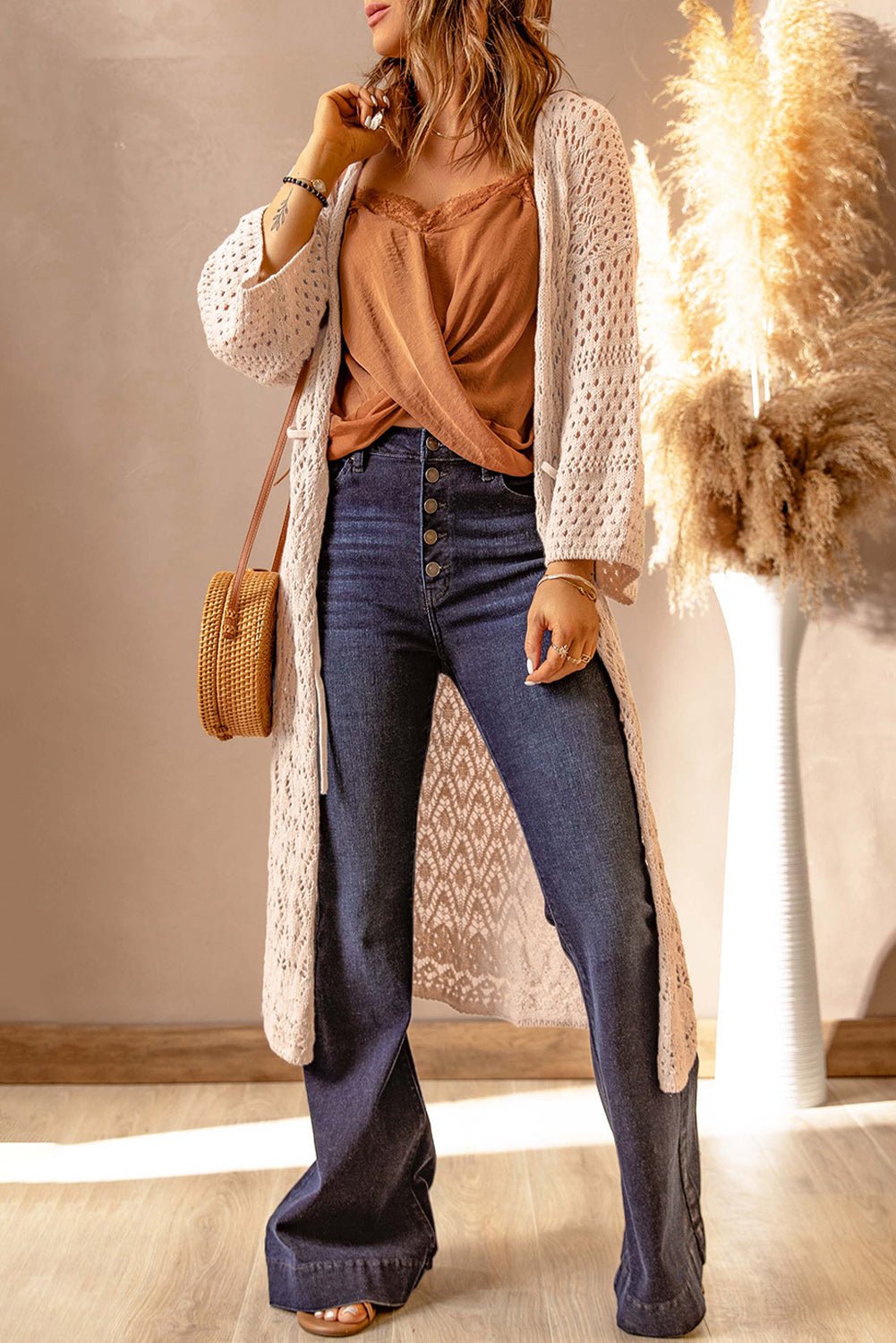 Dropped Shoulder Long Sleeve Crochet Duster Cardigan - Fashion Girl Online Store