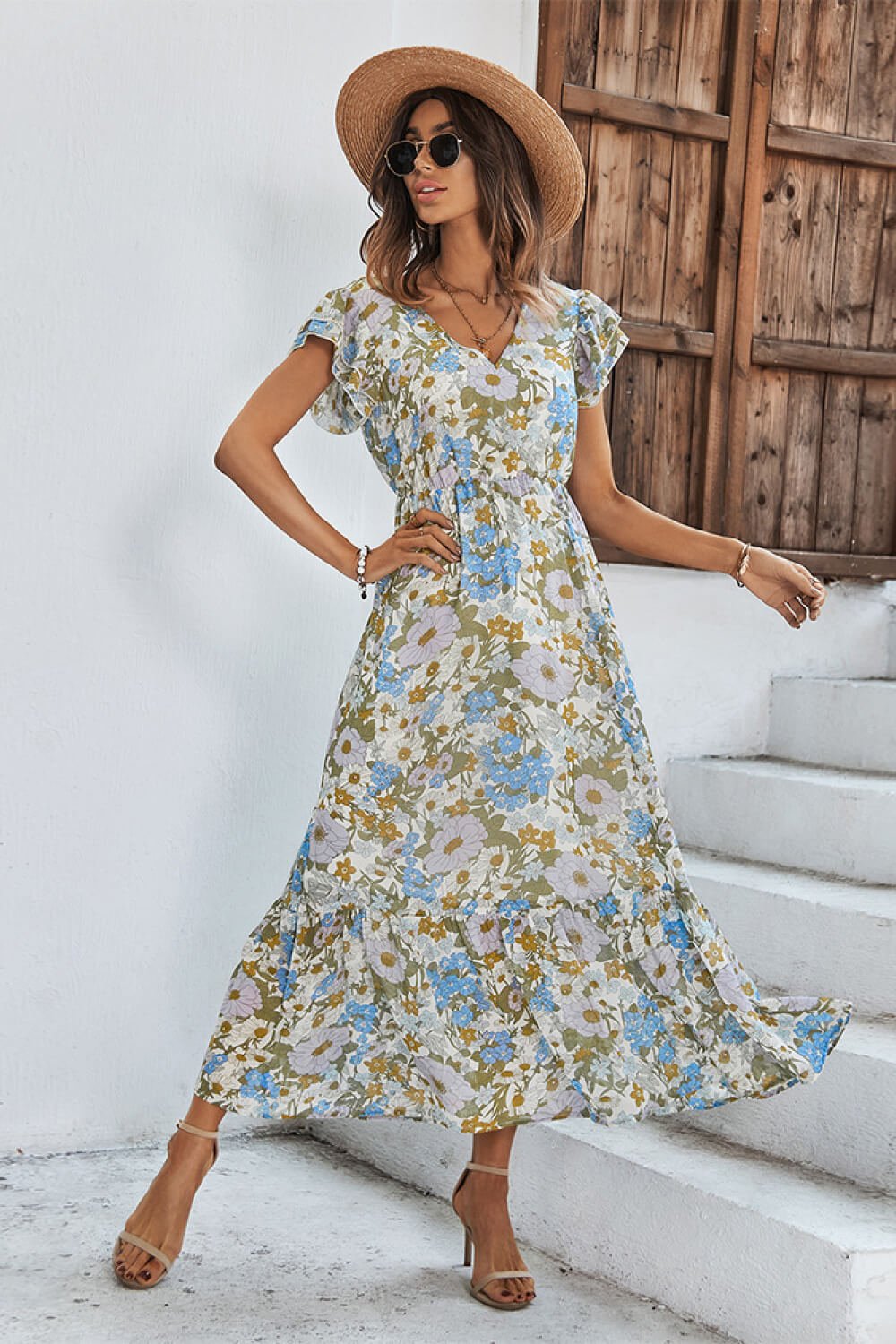 Floral Ruffle Hem Flutter Sleeve Midi Dress - Blue - Fashion Girl Online Store
