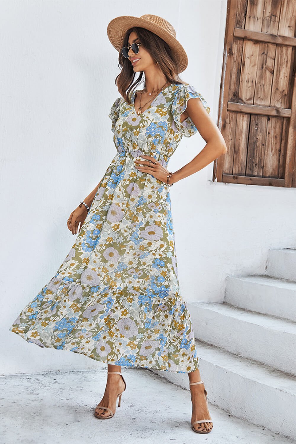 Floral Ruffle Hem Flutter Sleeve Midi Dress - Blue - Fashion Girl Online Store