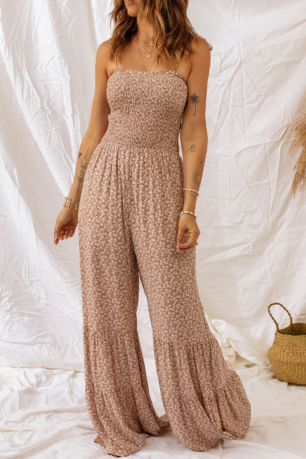 Floral Spaghetti Strap Smocked Wide Leg Jumpsuit - Fashion Girl Online Store