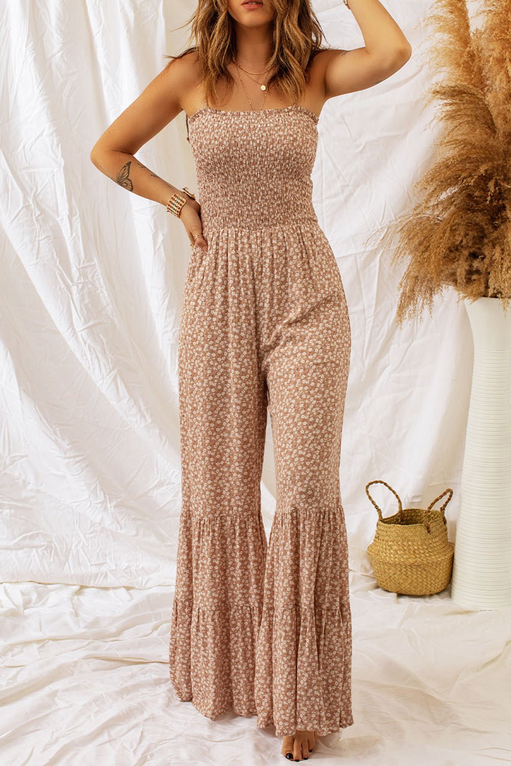 Floral Spaghetti Strap Smocked Wide Leg Jumpsuit - Fashion Girl Online Store