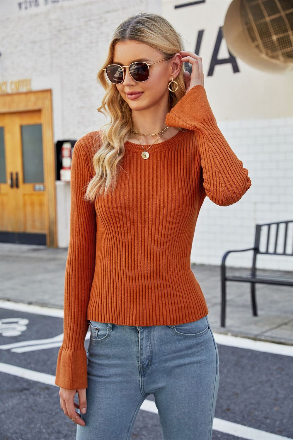Flounce Sleeve Round Neck Rib-Knit Top - Fashion Girl Online Store