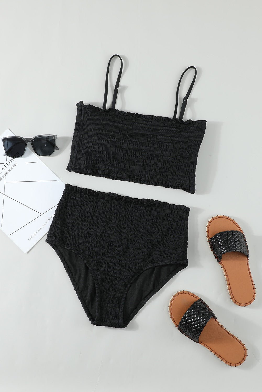 Frill Trim Smocked Two-Piece Swimsuit - Black - Fashion Girl Online Store