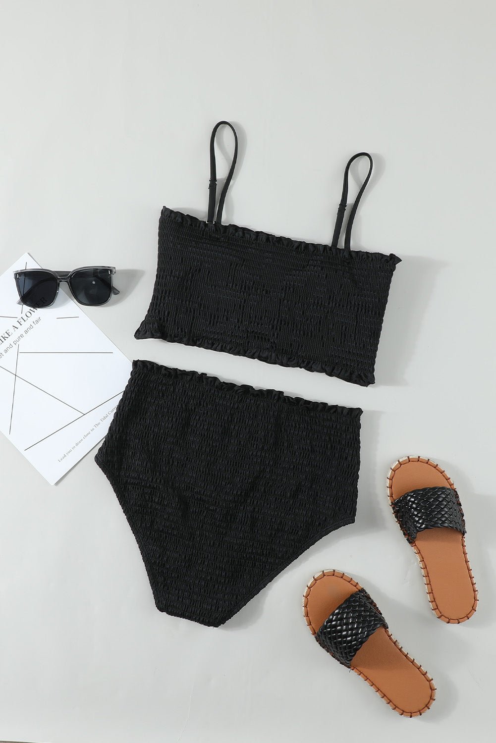 Frill Trim Smocked Two-Piece Swimsuit - Black - Fashion Girl Online Store