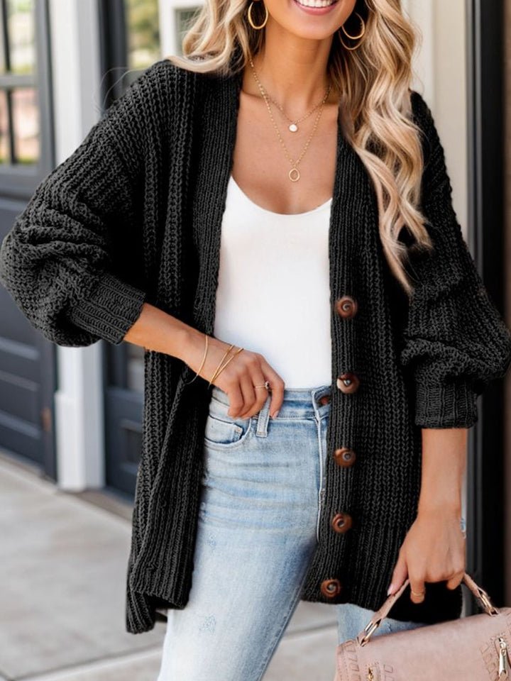 Full Size Button-Up V-Neck Long Sleeve Cardigan - Fashion Girl Online Store