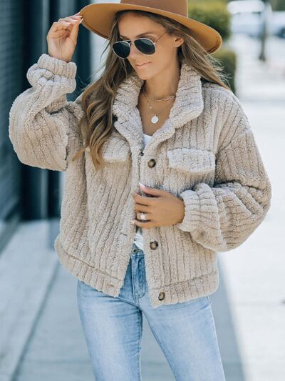 Fuzzy Button Up Collared Neck Jacket - Fashion Girl Online Store