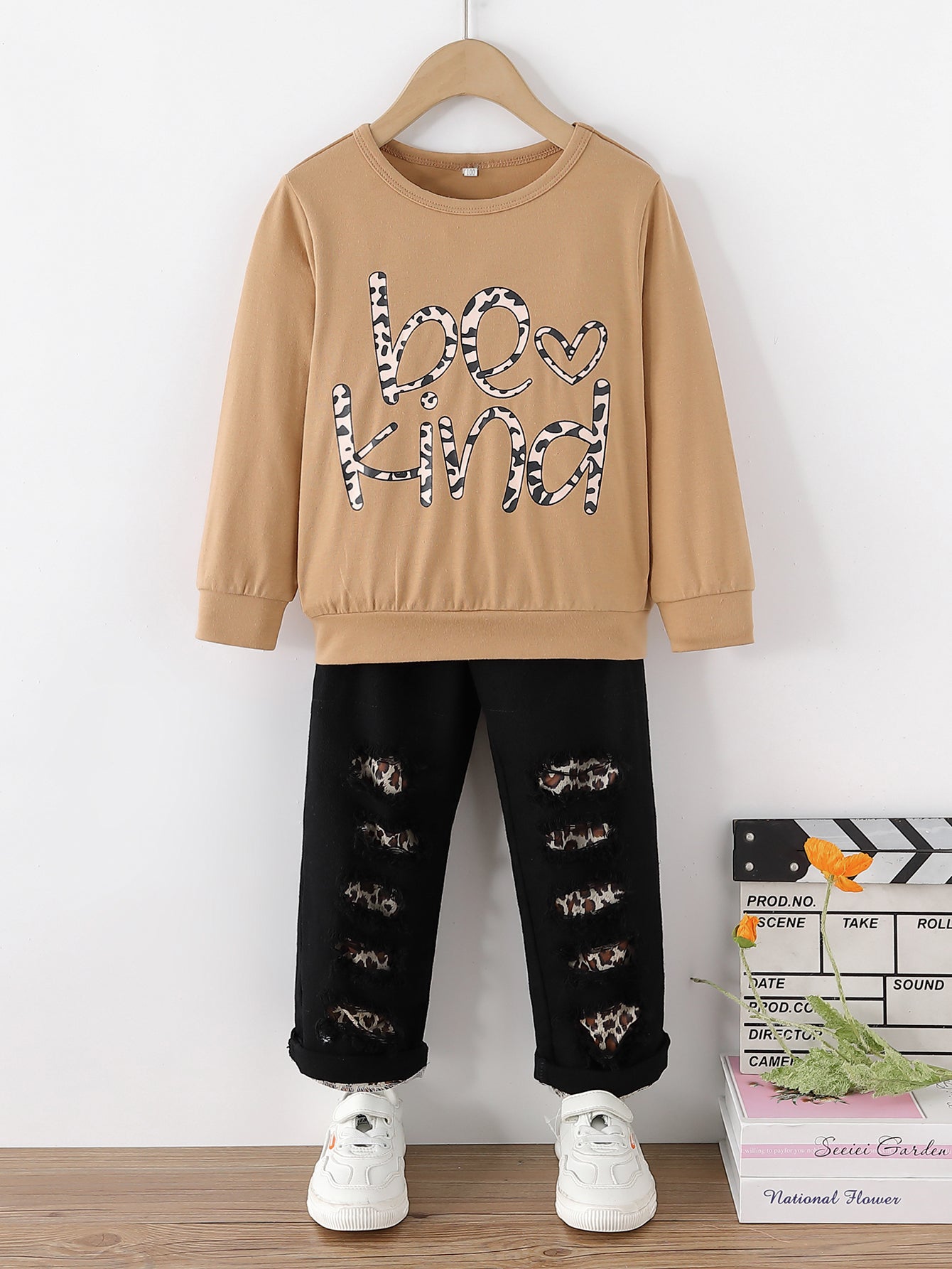 Girls BE KIND Graphic Tee and Leopard Lined Jeans Set Age: 18m-6yrs - Fashion Girl Online Store