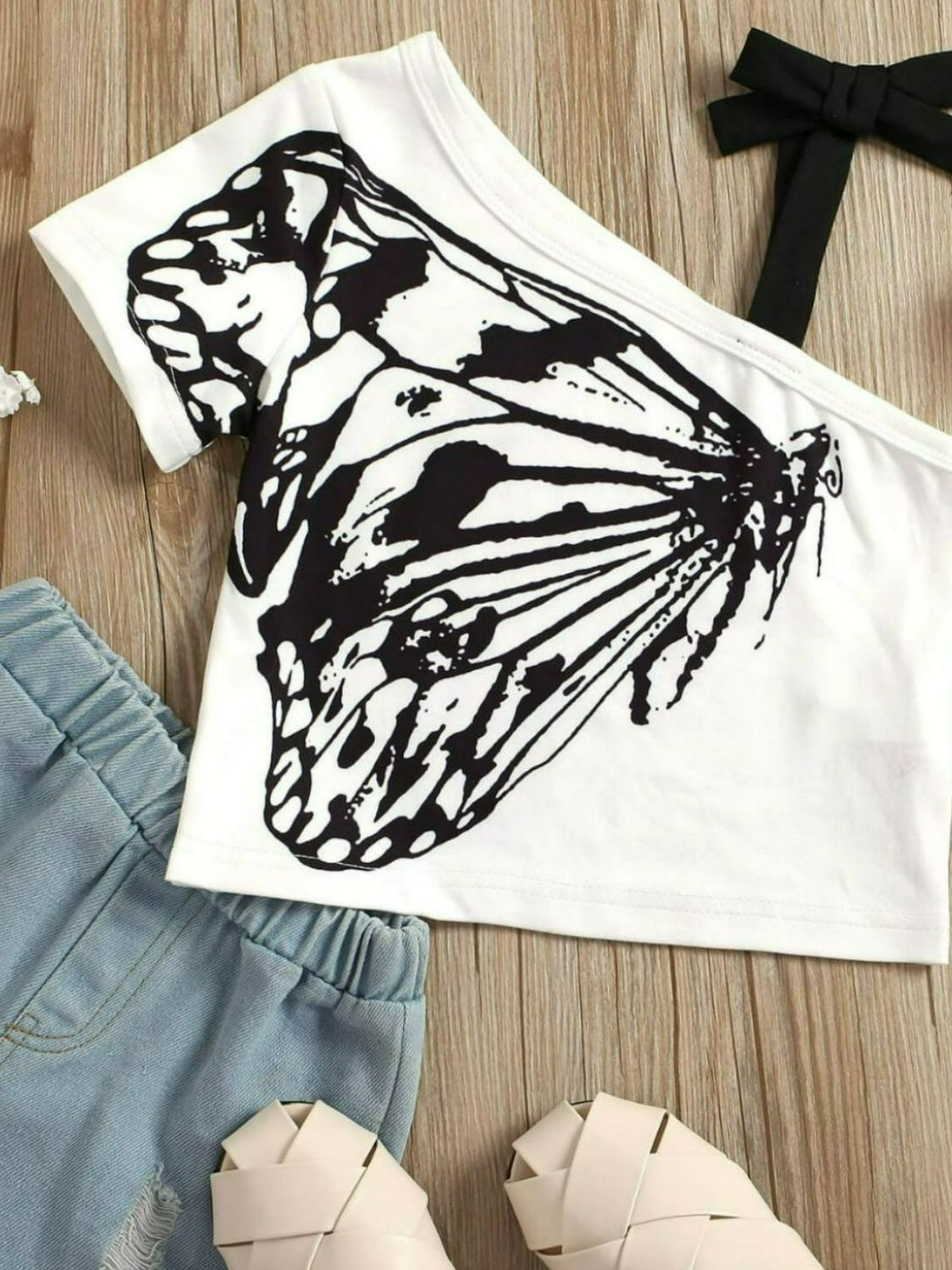 Girls Butterfly Graphic Asymmetrical Neck T-Shirt 1y-6y - Fashion Girl Online Store