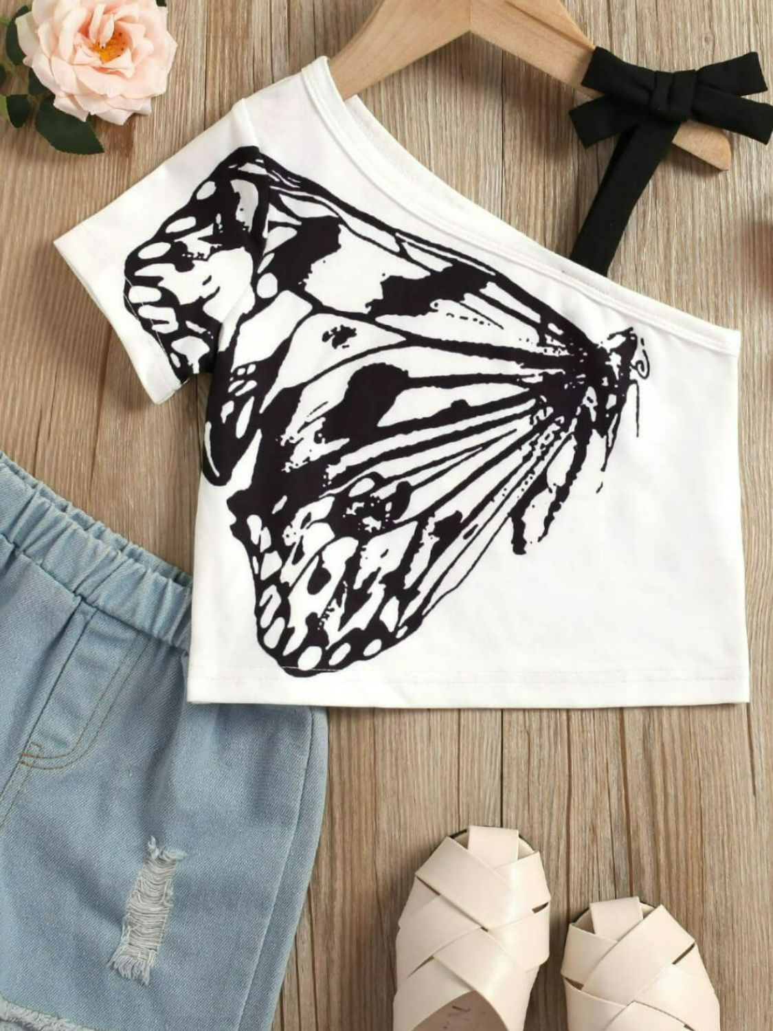 Girls Butterfly Graphic Asymmetrical Neck T-Shirt 1y-6y - Fashion Girl Online Store