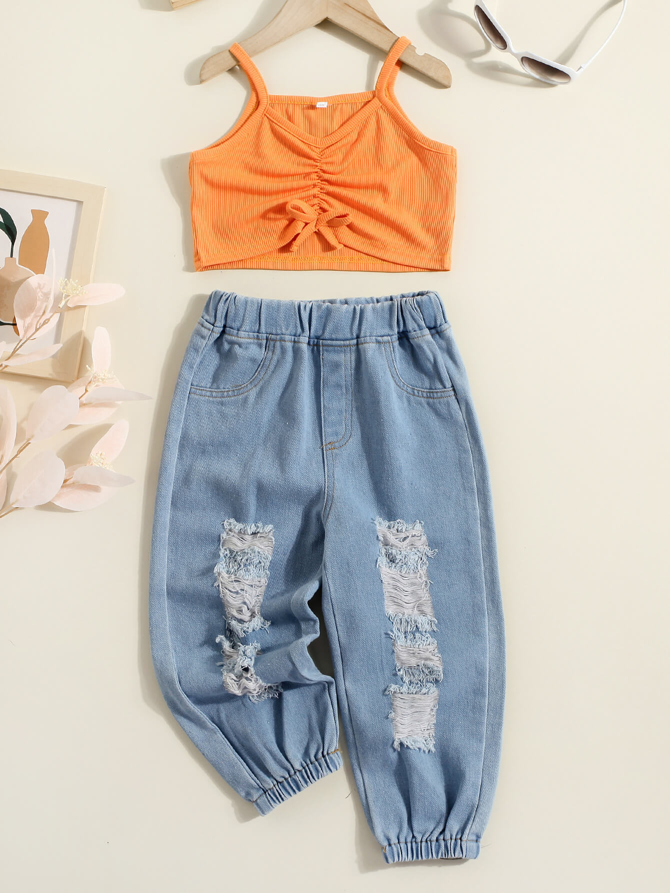 Girls Drawstring Detail Ribbed Cami and Distressed Jeans Set 1y-6vy - Fashion Girl Online Store