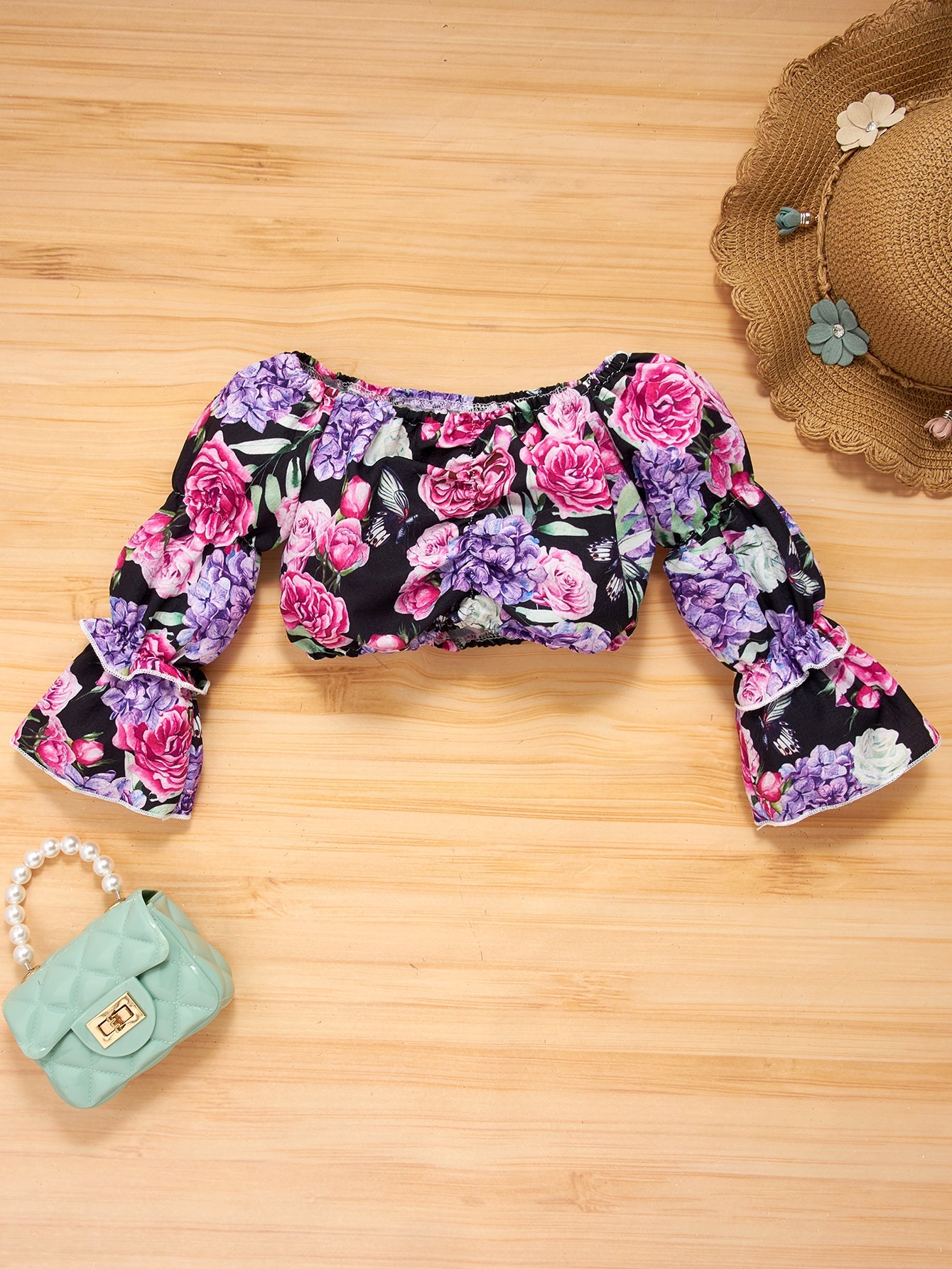 Girls Floral Flared Sleeve Crop Top and Wide Leg Jeans Set Age: 18m-6y - Fashion Girl Online Store